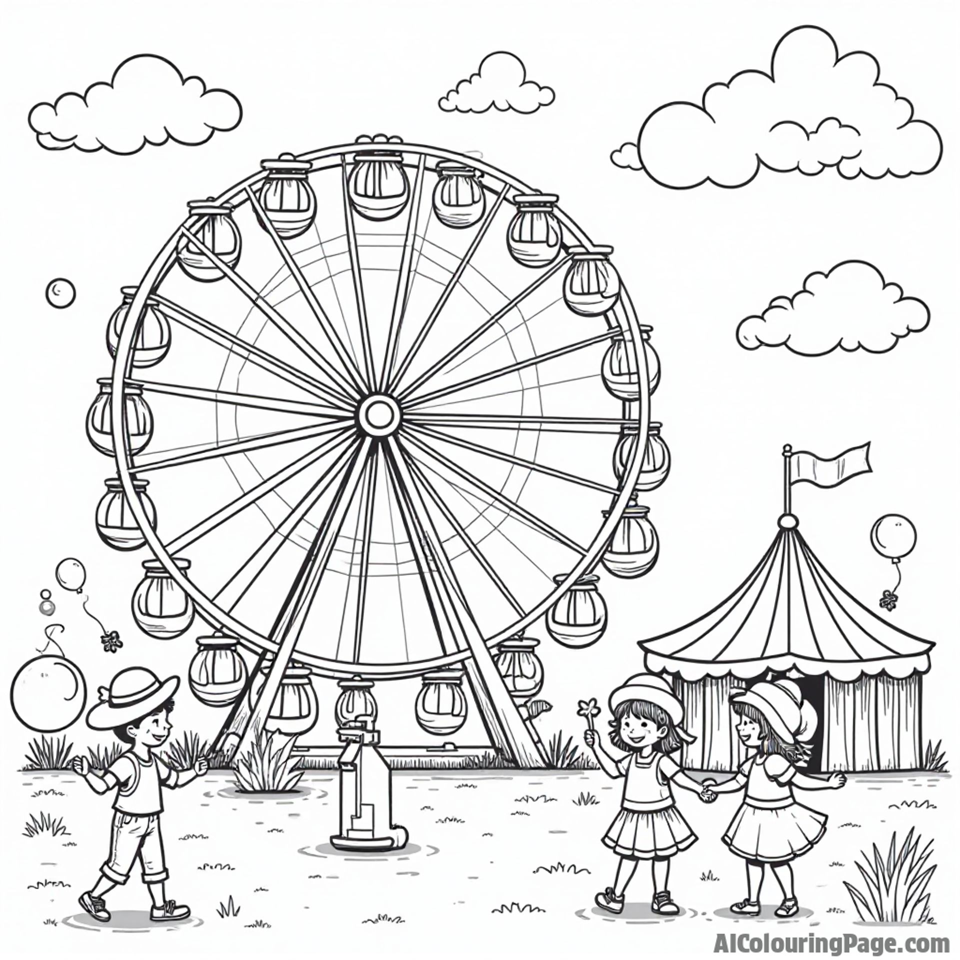 A whimsical carnival scene featuring a giant Ferris wheel, colorful balloons floating in the air, and cheerful children enjoying the festivities, perfect for a Festivals and Traditions Coloring Sheet.