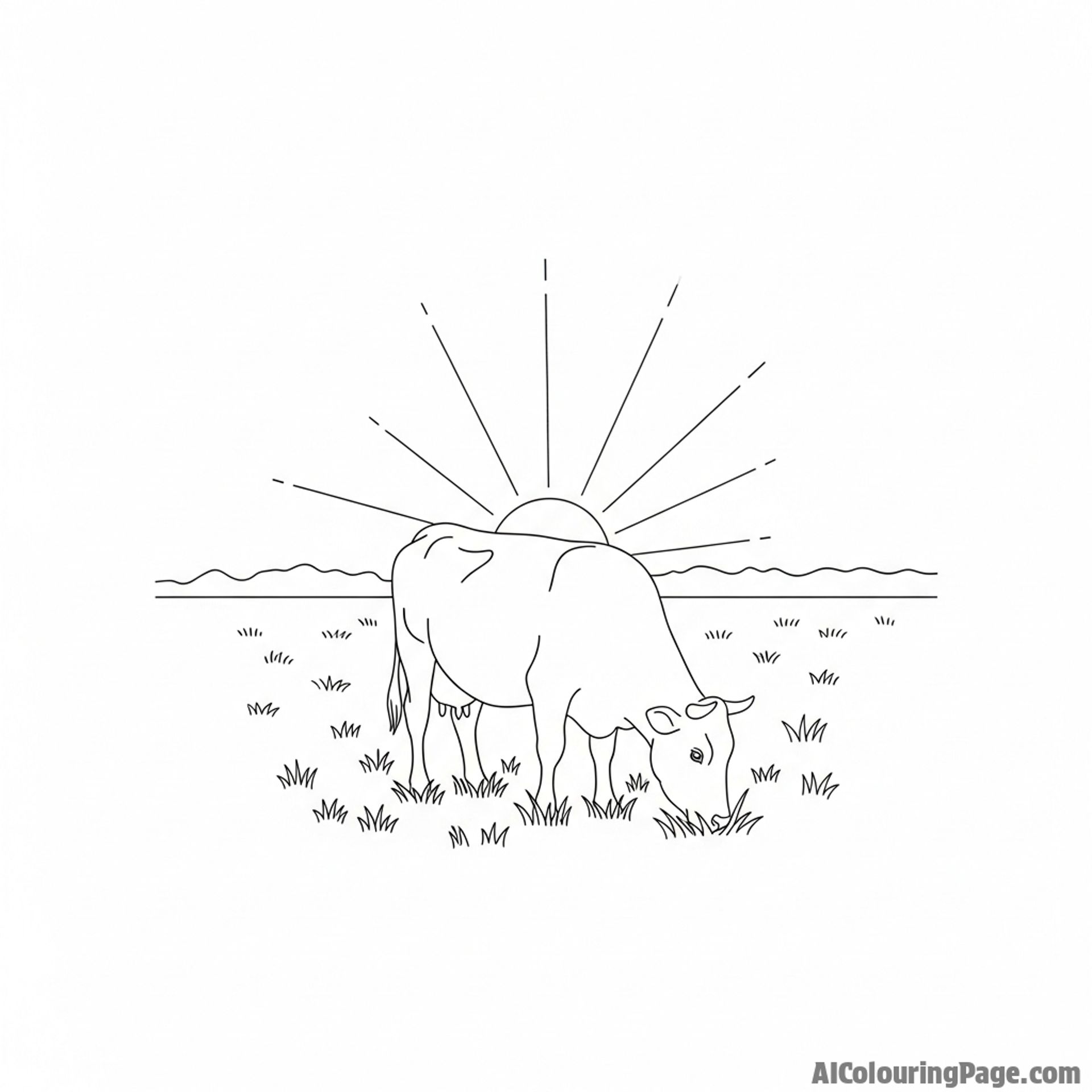 A cow grazing peacefully in a field at dawn, atmospheric.