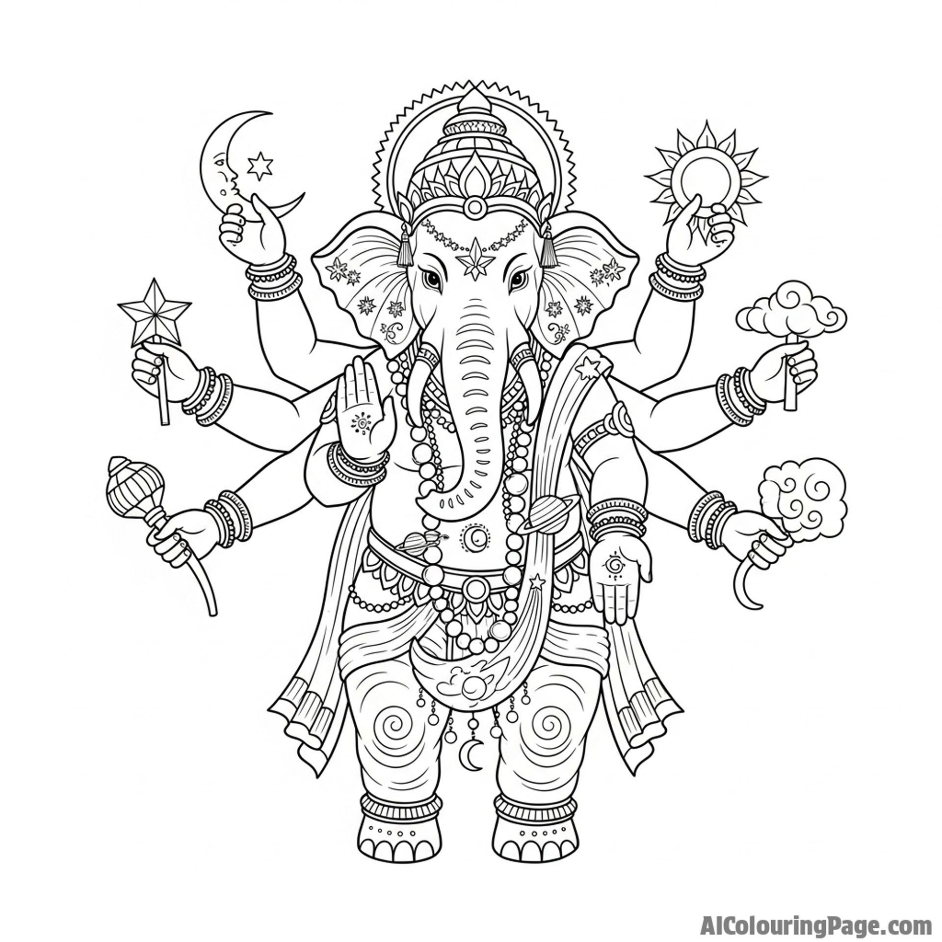 An elephant as a powerful deity with multiple arms, adorned with celestial jewelry.