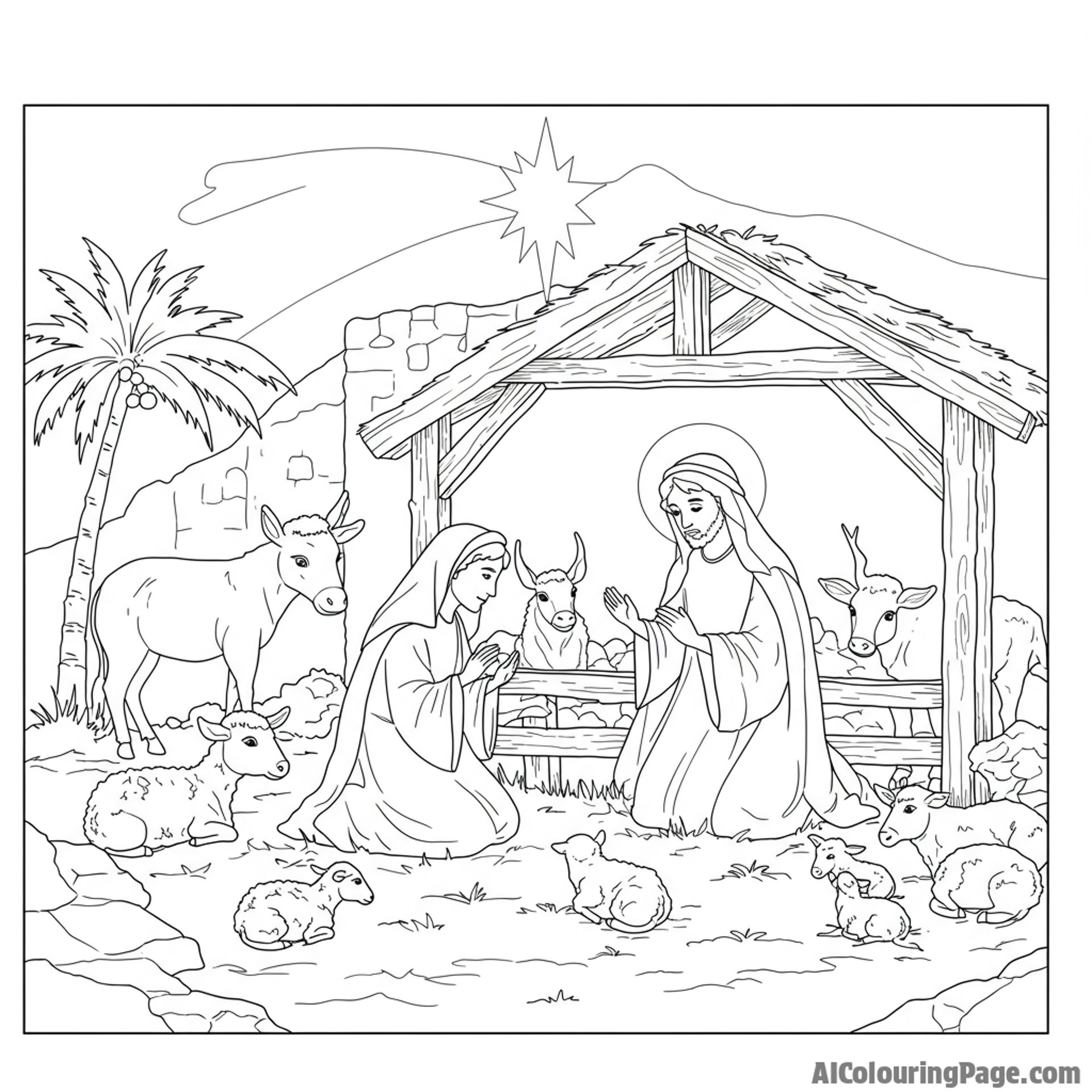 Nativity scene in a stable, peaceful setting portraying a story.