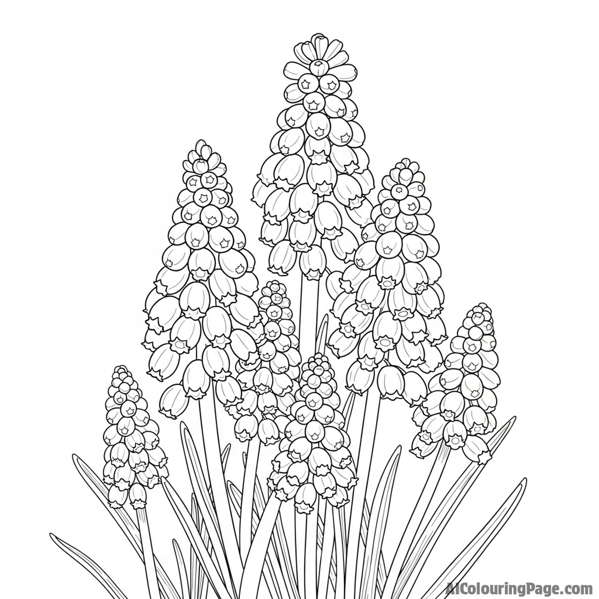 Grape hyacinths clustered together, small flowers.