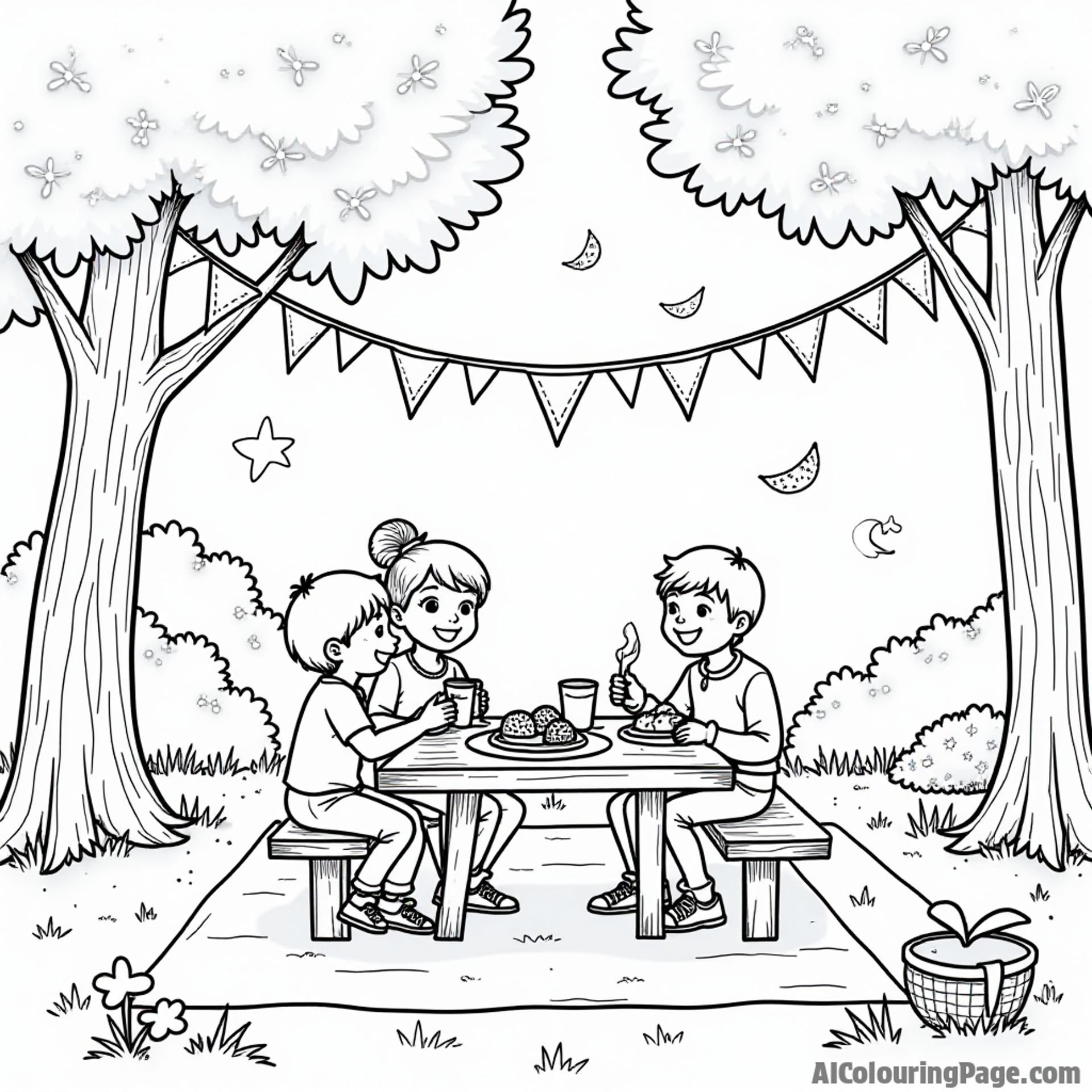 A cozy picnic area with families enjoying snacks, festive decorations hanging in the trees, and a cheerful atmosphere, creating a delightful coloring page for Festivals and Traditions.