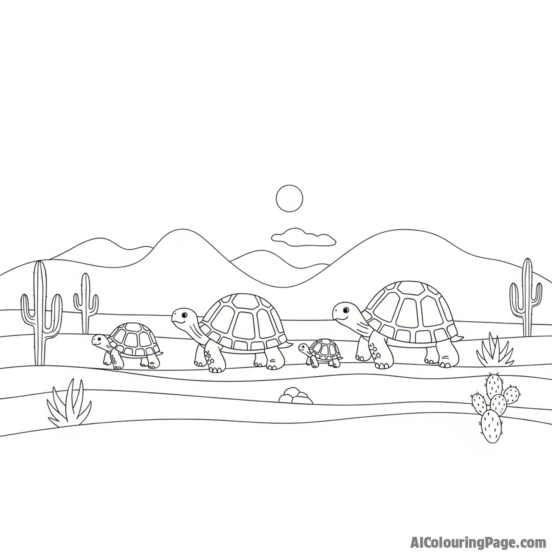 A family of turtles marching in a line across a desert landscape.