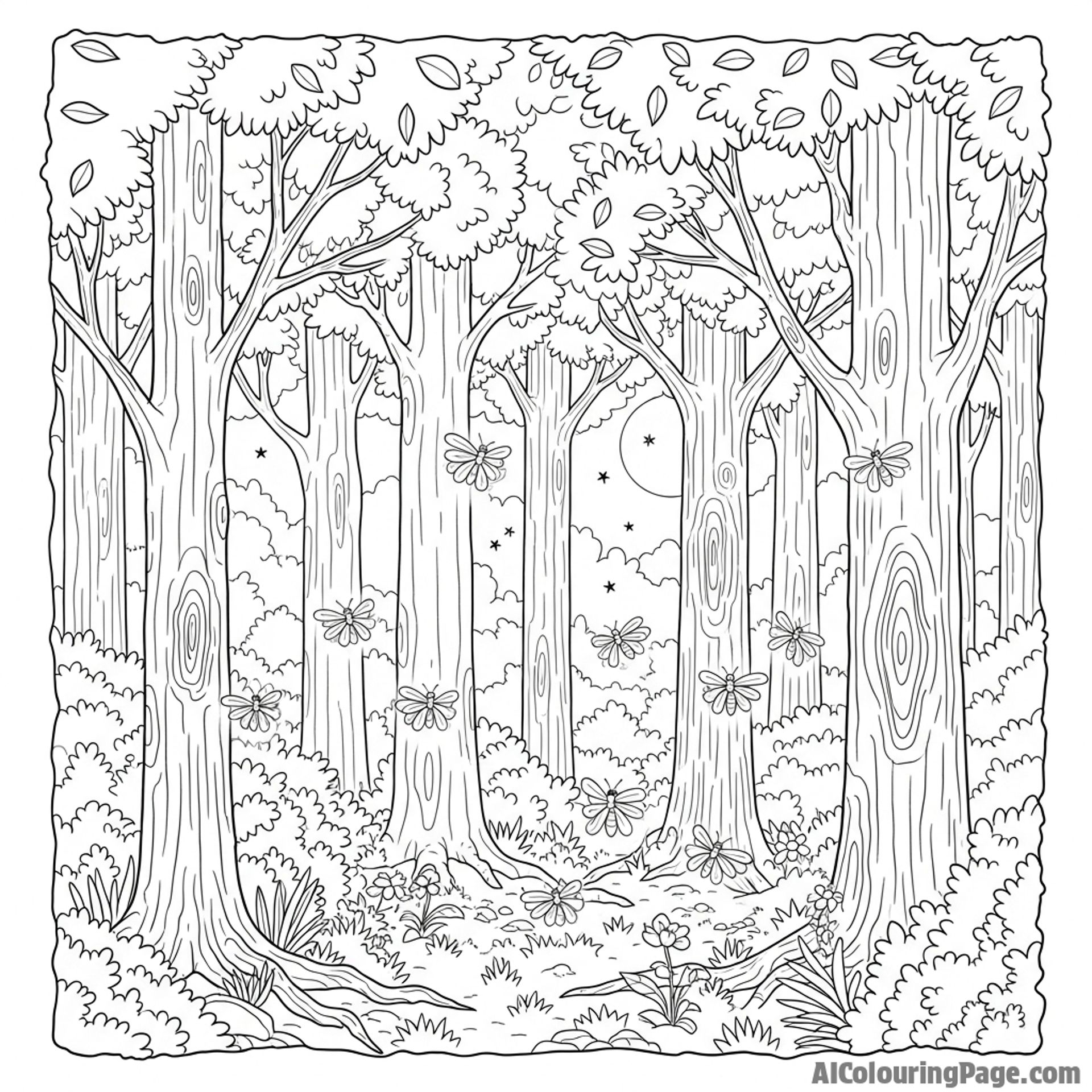 A swarm of fireflies illuminating a dense forest at twilight