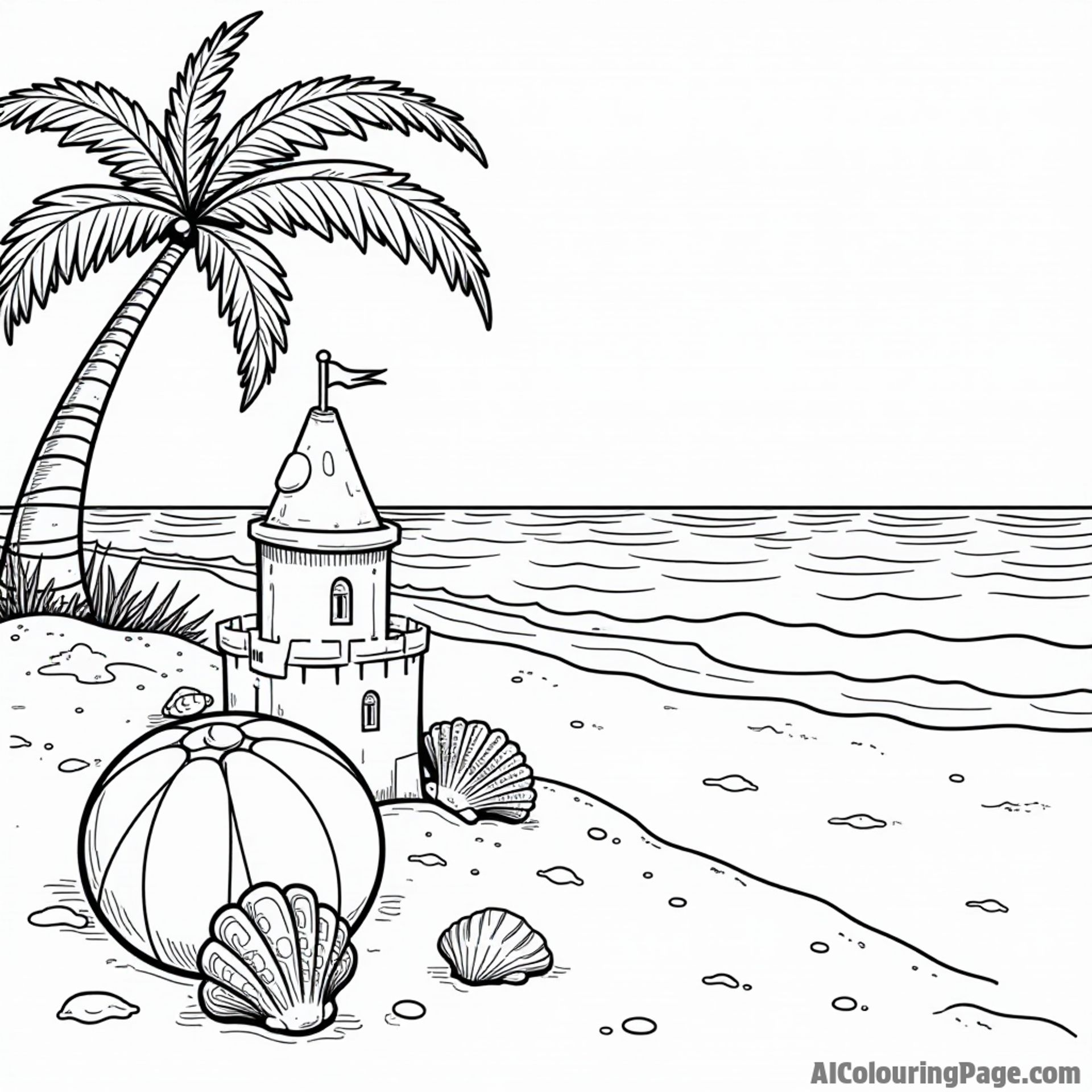 A serene beach scene with a sandcastle, seashells, and a beach ball, inviting children to color their dream summer vacation.