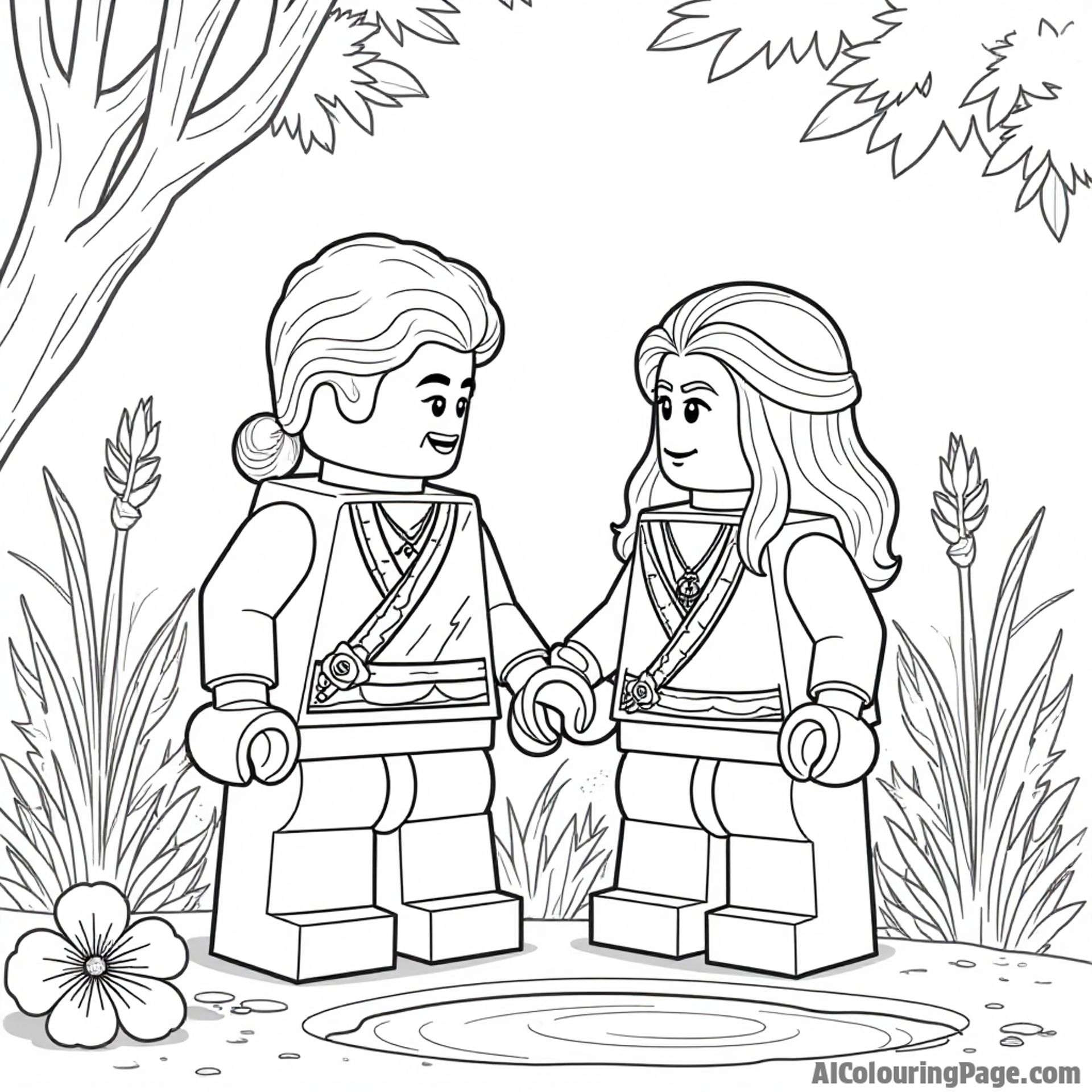 A Lego Ninjago character sharing a moment with a wise old sage in a serene garden, surrounded by flowers and a pond, creating a peaceful and reflective coloring experience for kids.
