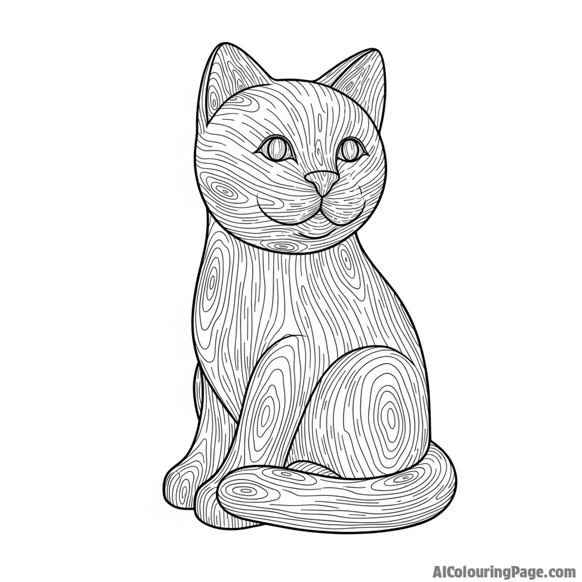 A cat made of sculpted wood, with visible grain and texture.
