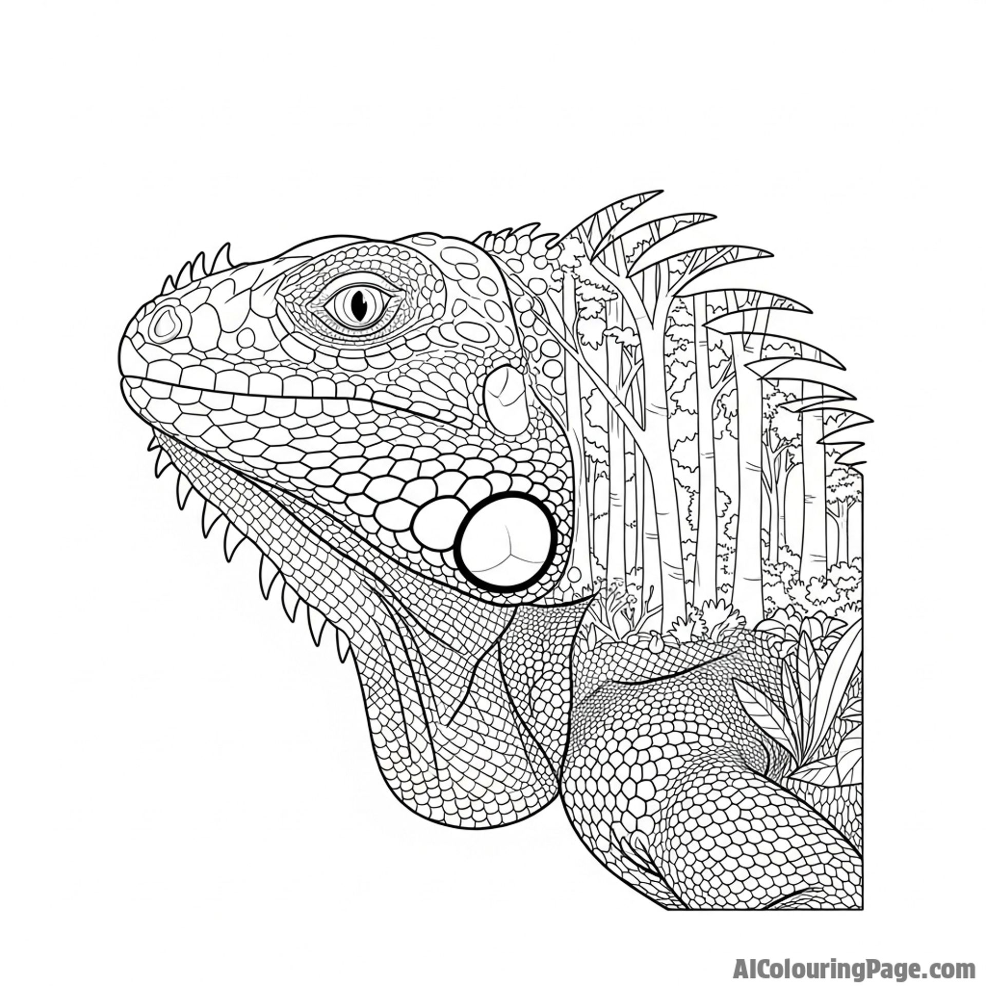 A double-exposure image blending an iguana's profile with a dense forest texture.