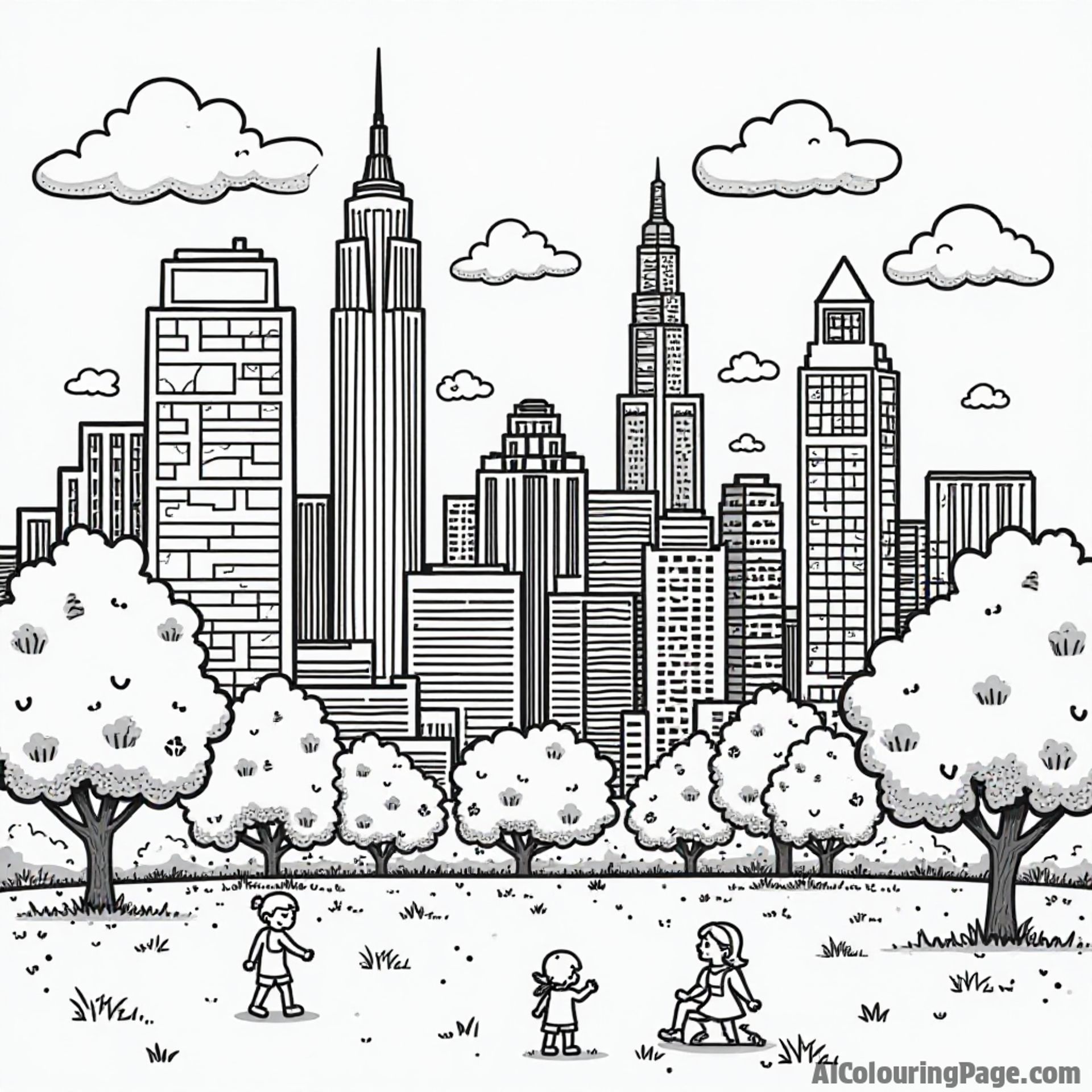 A bustling city skyline with tall buildings, a park, and children playing, showcasing New Jersey’s urban charm for kids.