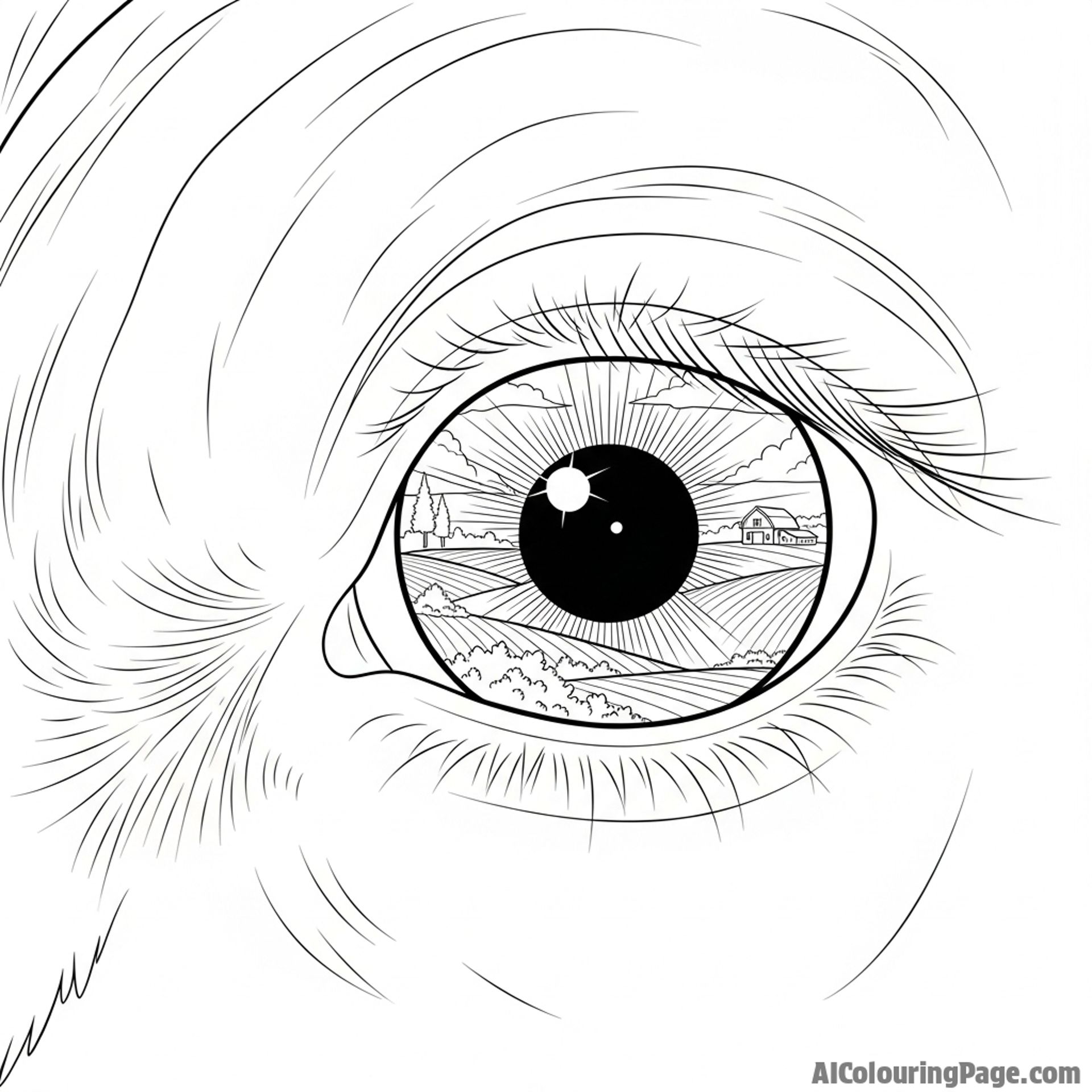 A detailed close-up of a cow\'s eye, clearly reflecting the surrounding landscape.
