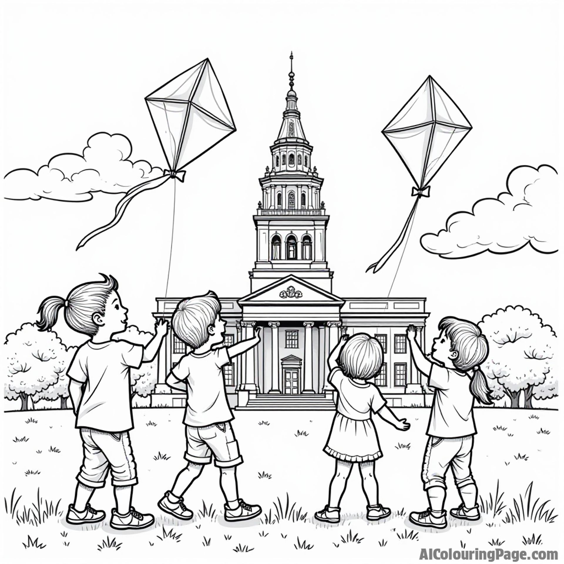 A whimsical scene of children flying kites in front of Independence Hall, emphasizing creativity and the spirit of America.