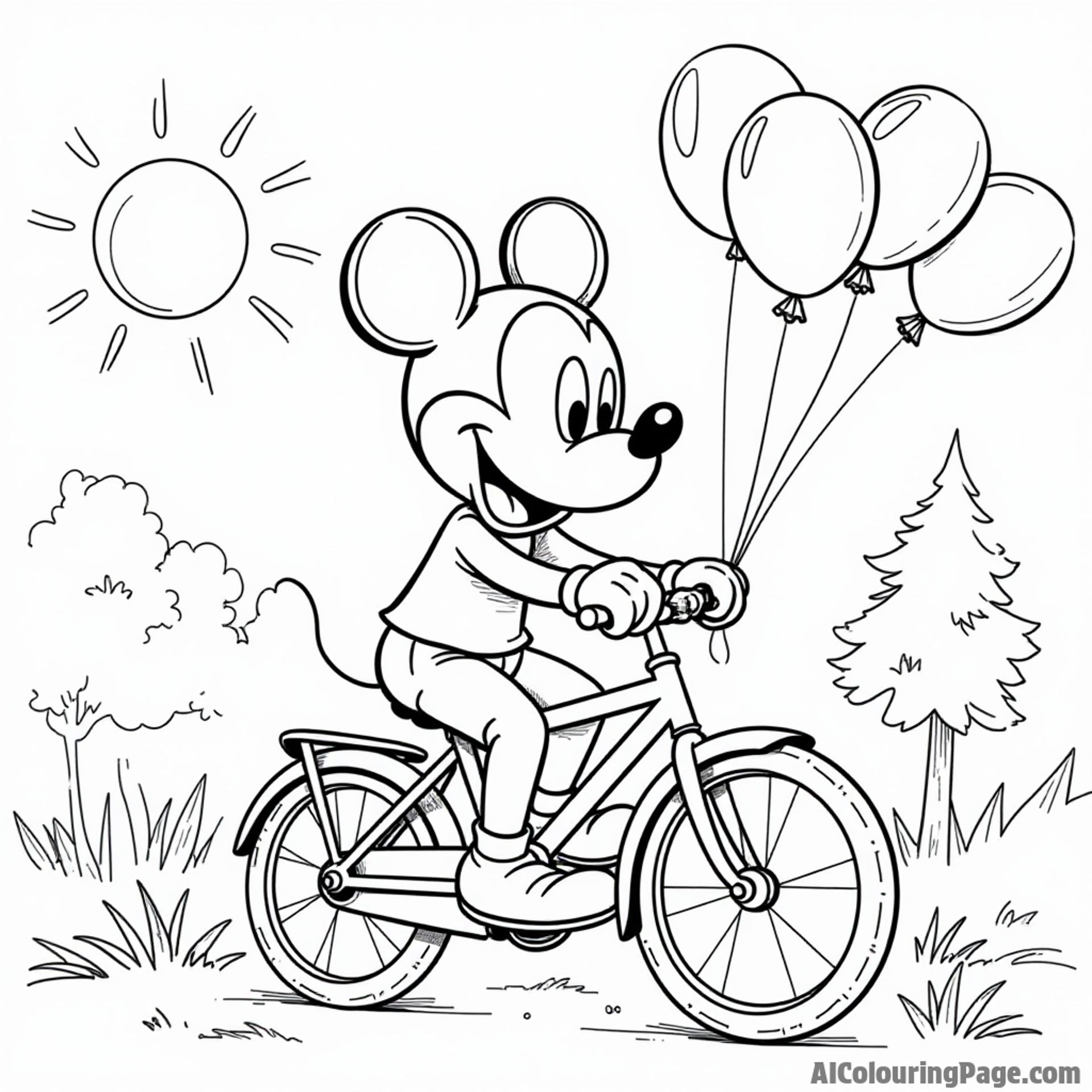 Mickey Mouse riding a bicycle with balloons tied to the handlebars, passing by trees and a cheerful sun.