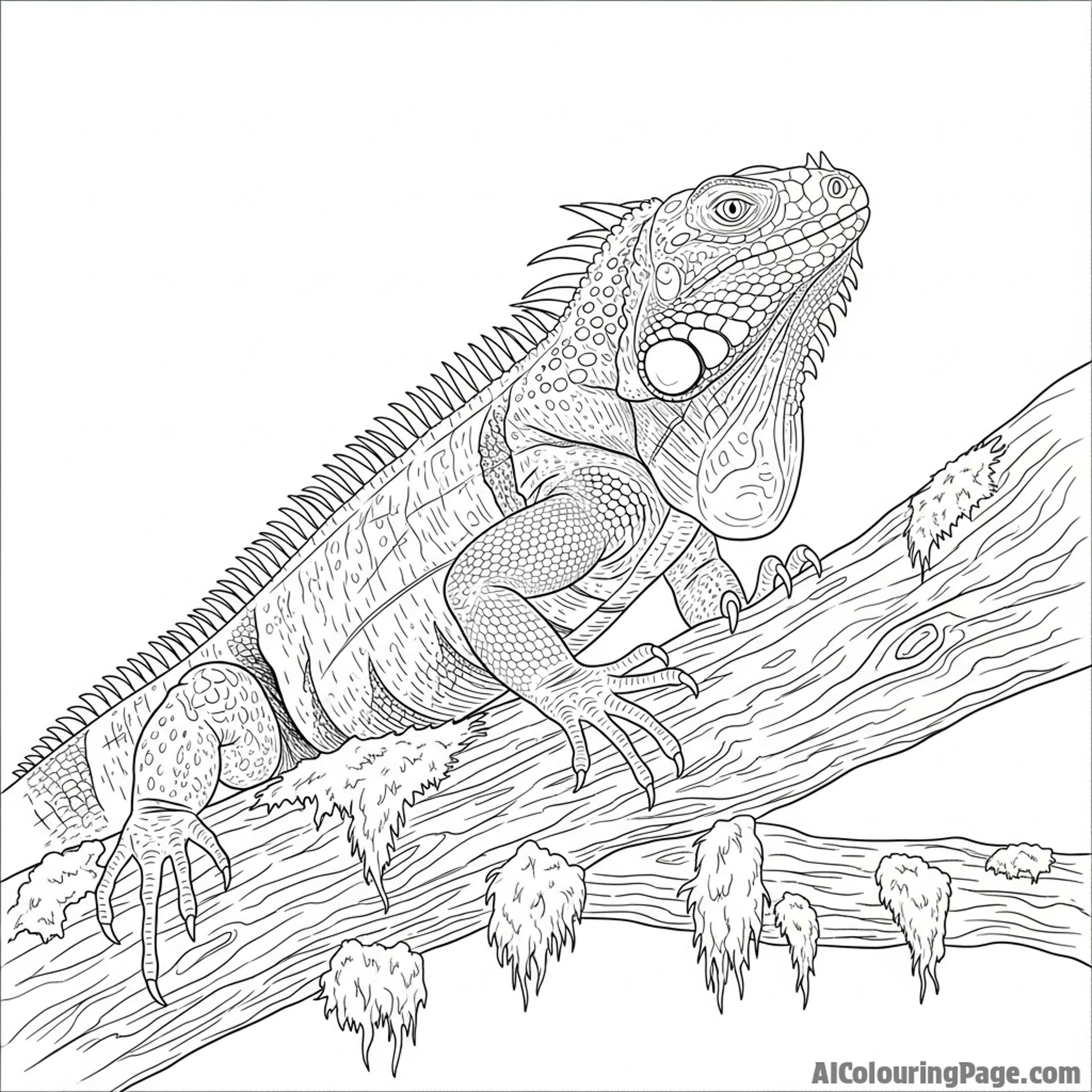 A majestic iguana perched on a gnarled, mossy branch, its dewlap extended.