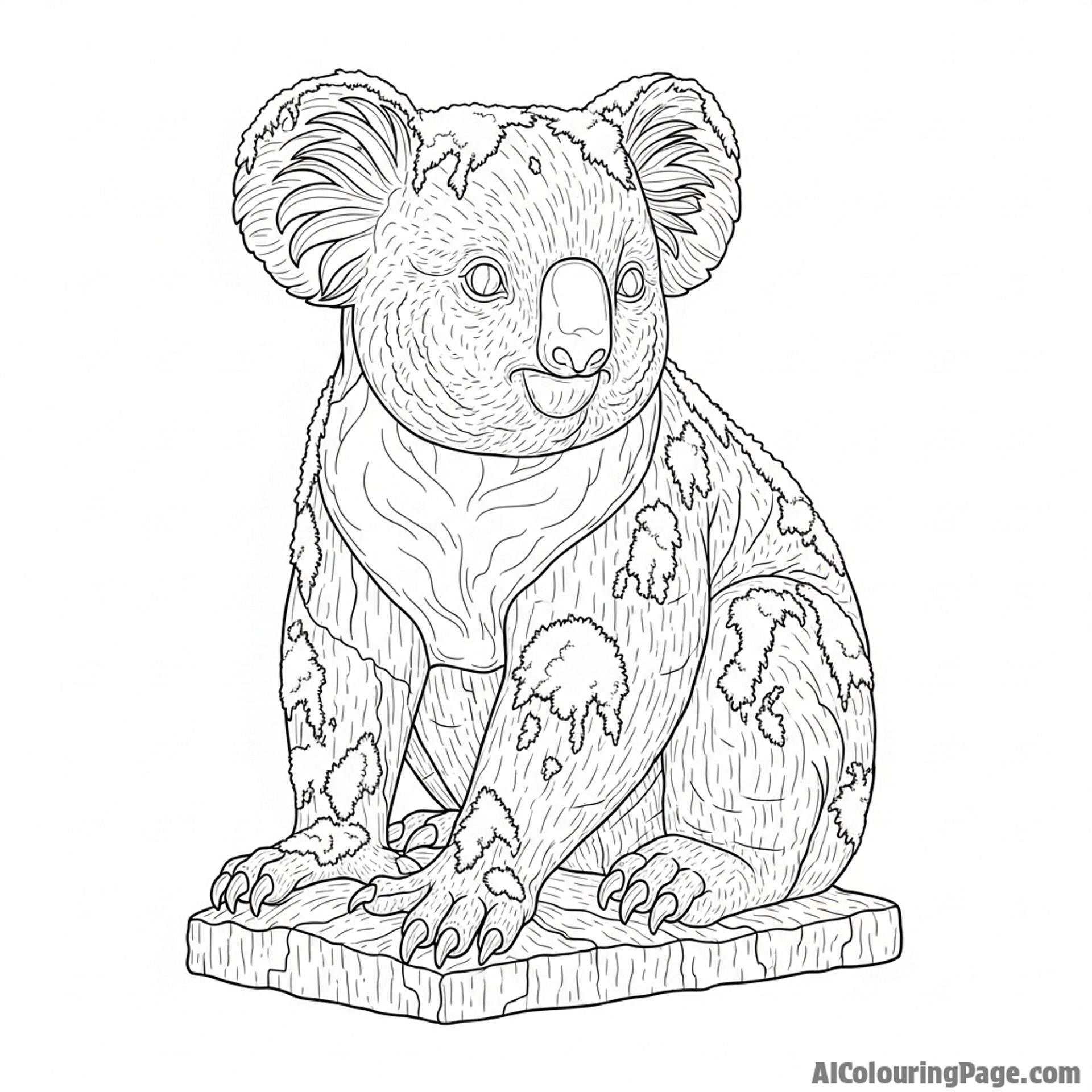 A grand stone sculpture of a koala, weathered and covered in moss.