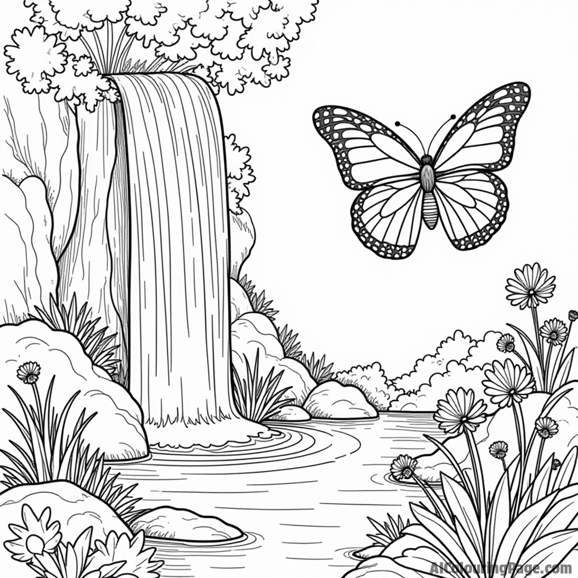 A butterfly flying near a glittering waterfall with splashes of water, inviting kids to color a magical nature scene.