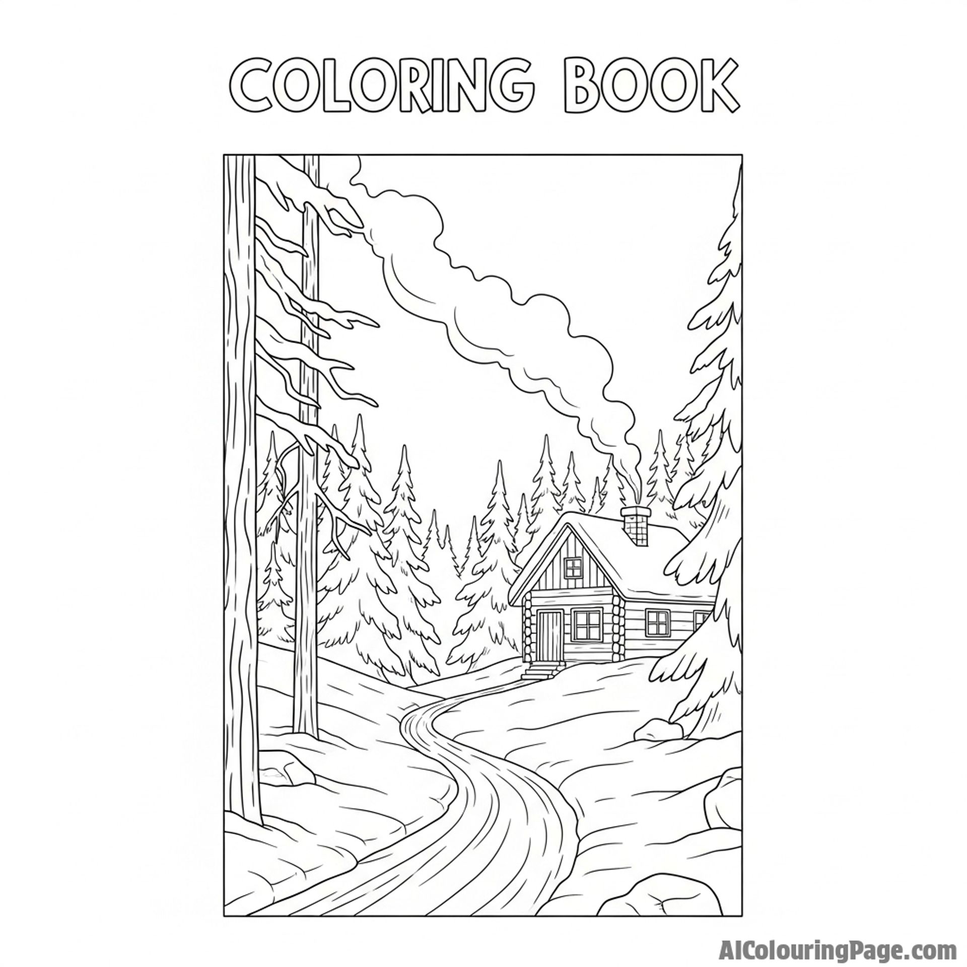 Snowy forest path leading to a secluded cabin, smoke rising from the chimney.