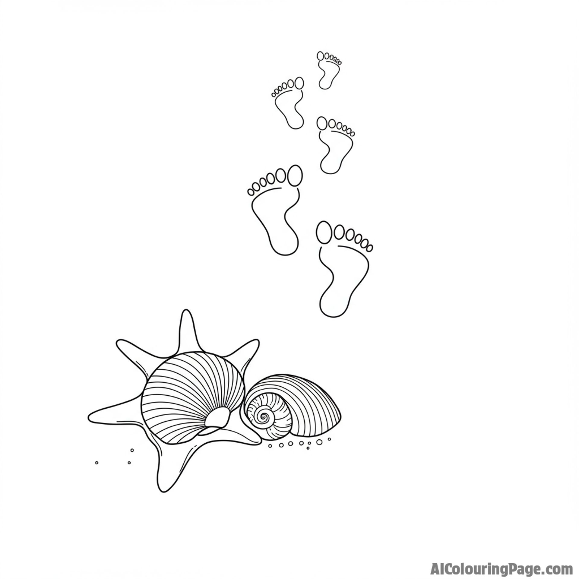 Footprints in the sand leading to a pair of intertwined shells.