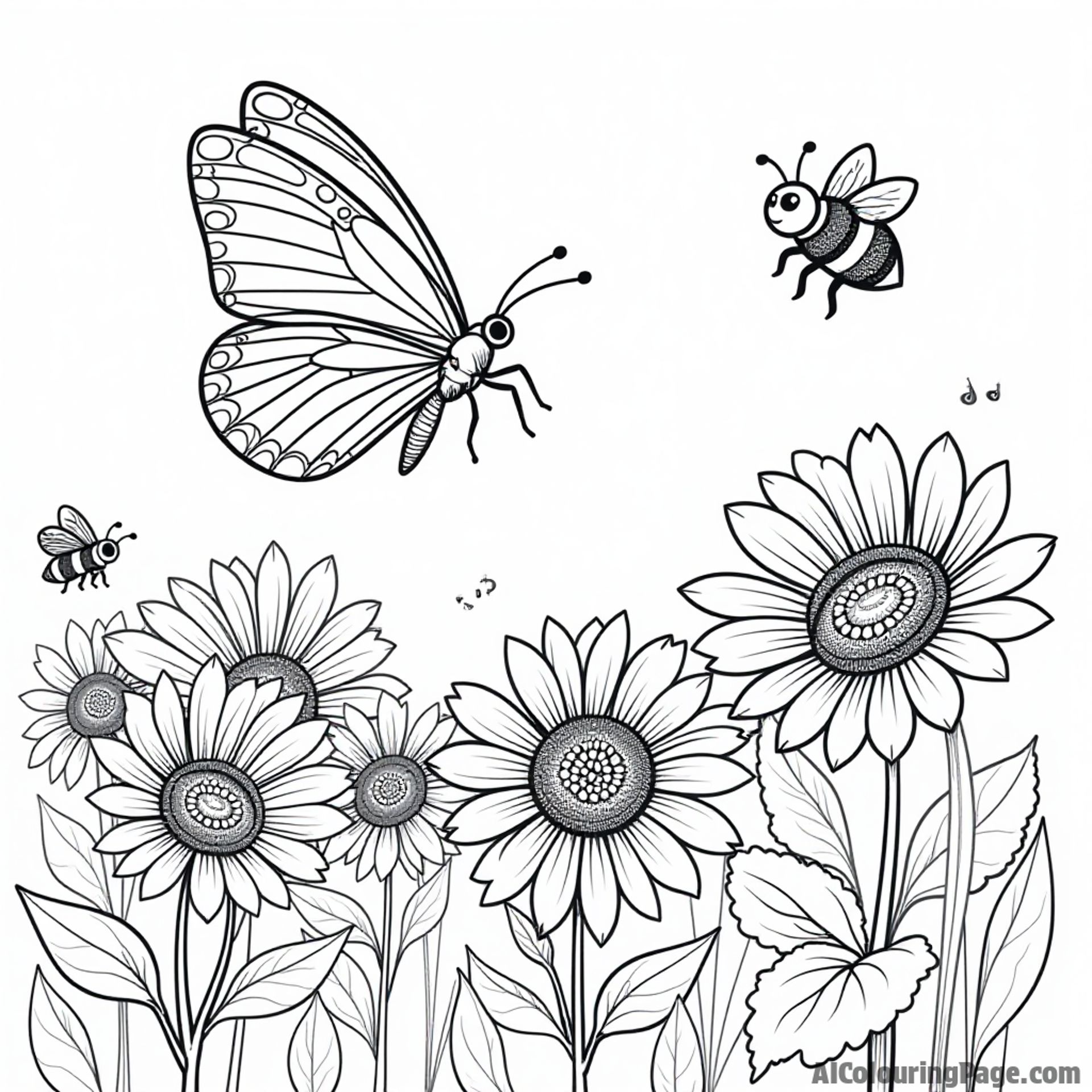 A butterfly flying over a field of sunflowers with a happy bee buzzing around, perfect for colorful adventures.