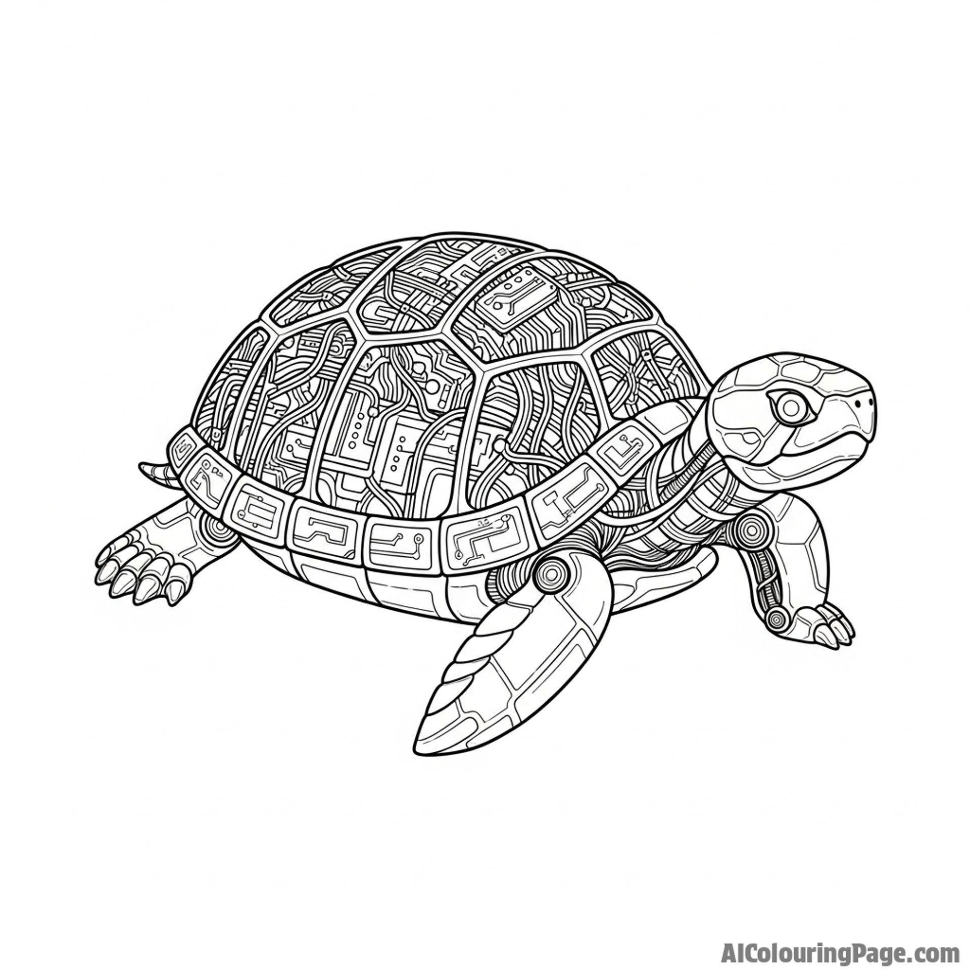 A biomechanical turtle, with wires and circuits visible beneath its shell.