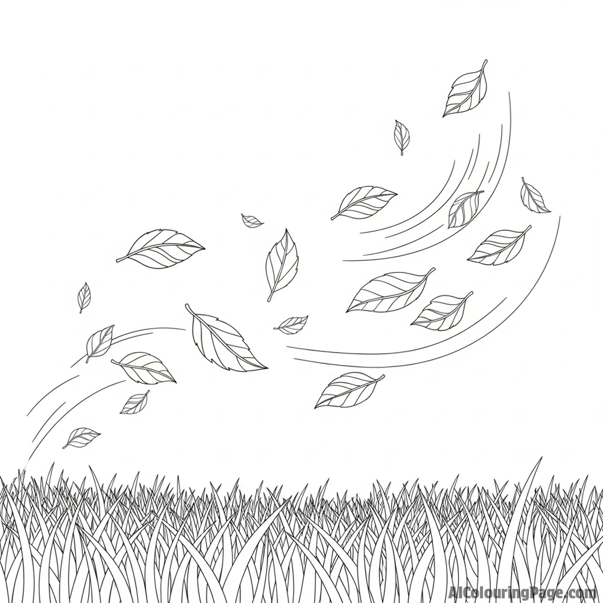 Leaves swirling in a gentle breeze, suspended above a grassy field.