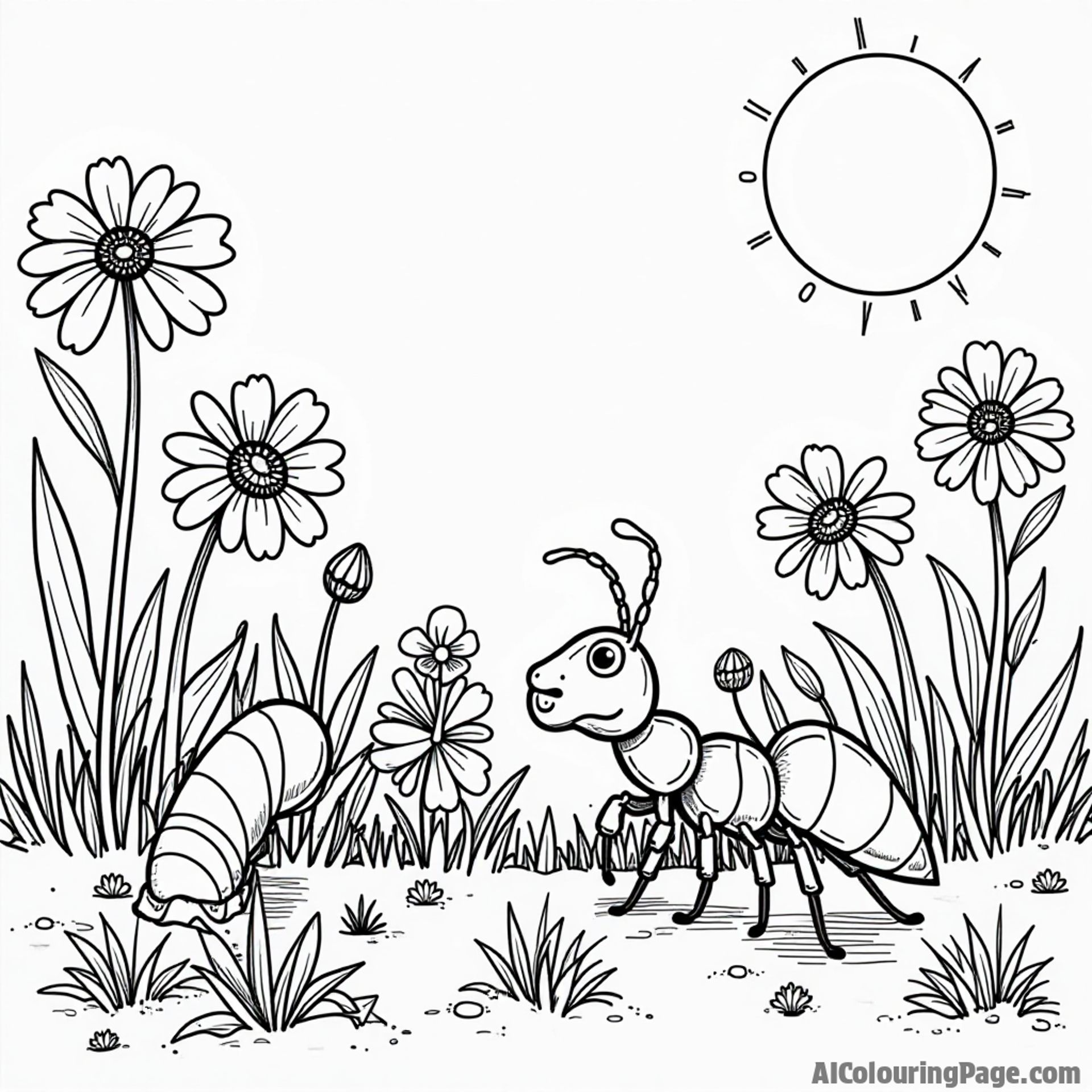 An ant exploring a garden filled with colorful flowers and a friendly caterpillar, inviting imaginative coloring for children.