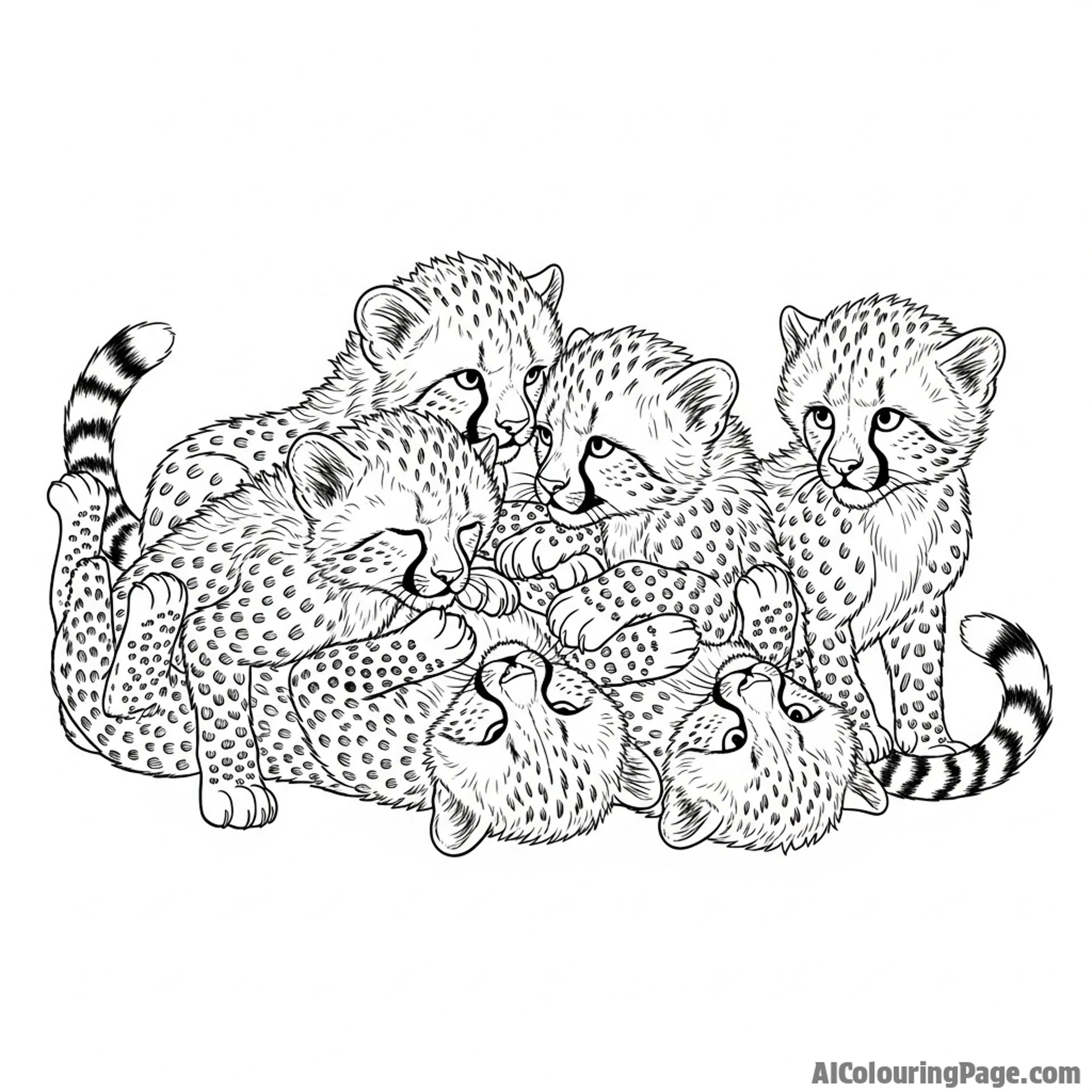 A group of cheetah cubs tumbling and wrestling in a chaotic, playful heap.