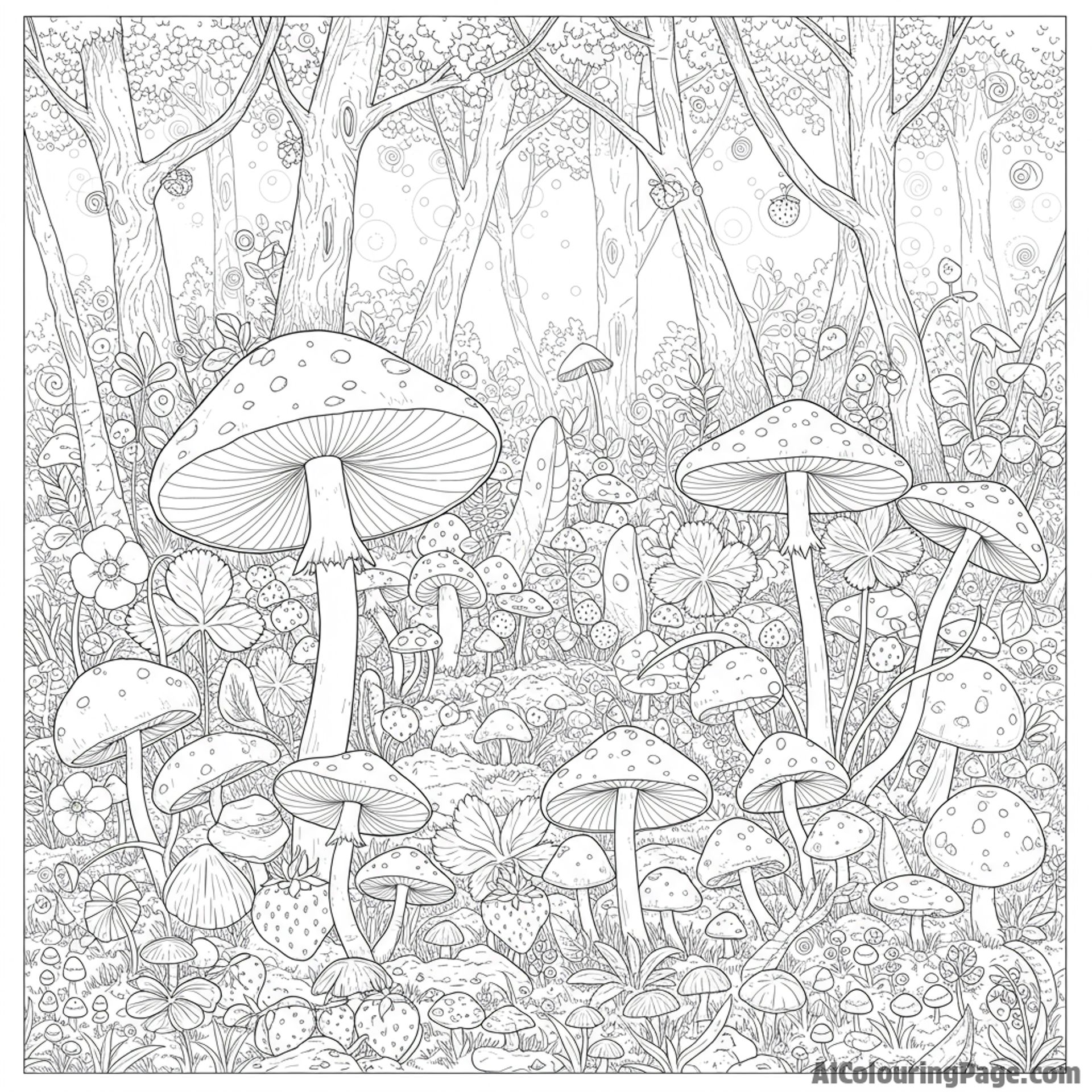 magical strawberry forest, glowing mushrooms
