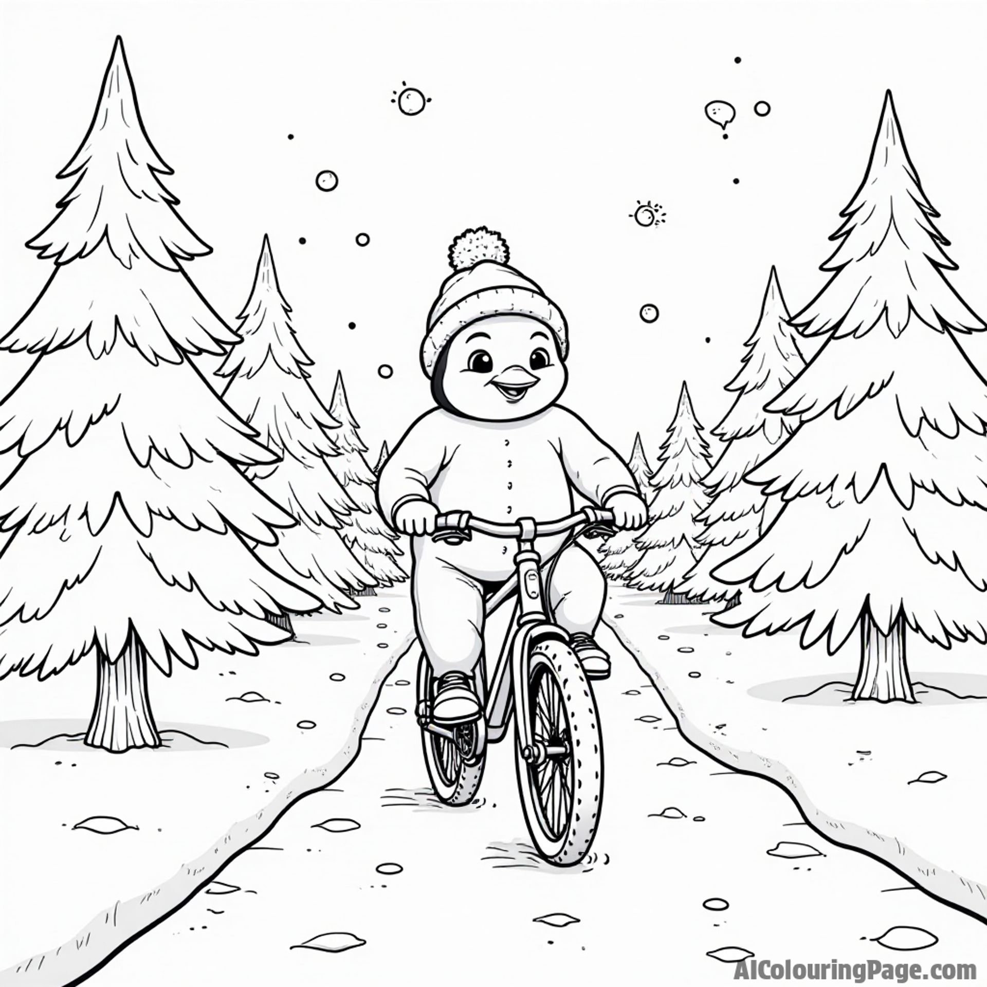A penguin riding a bicycle on a snowy path with pine trees lining the way and snowflakes drifting down.