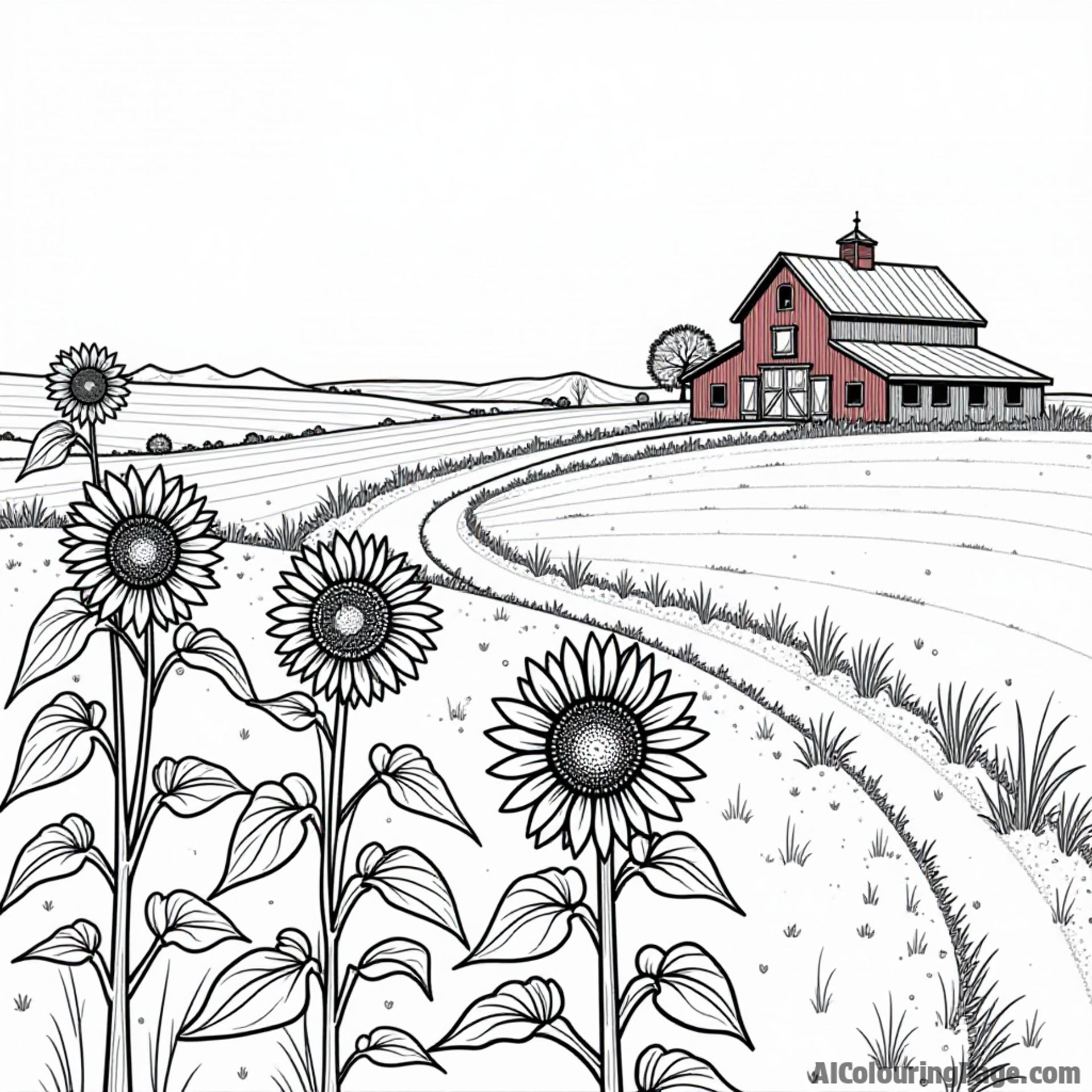 A winding Kansas prairie landscape with a sunflower field, a classic red barn, and a clear blue sky to color.