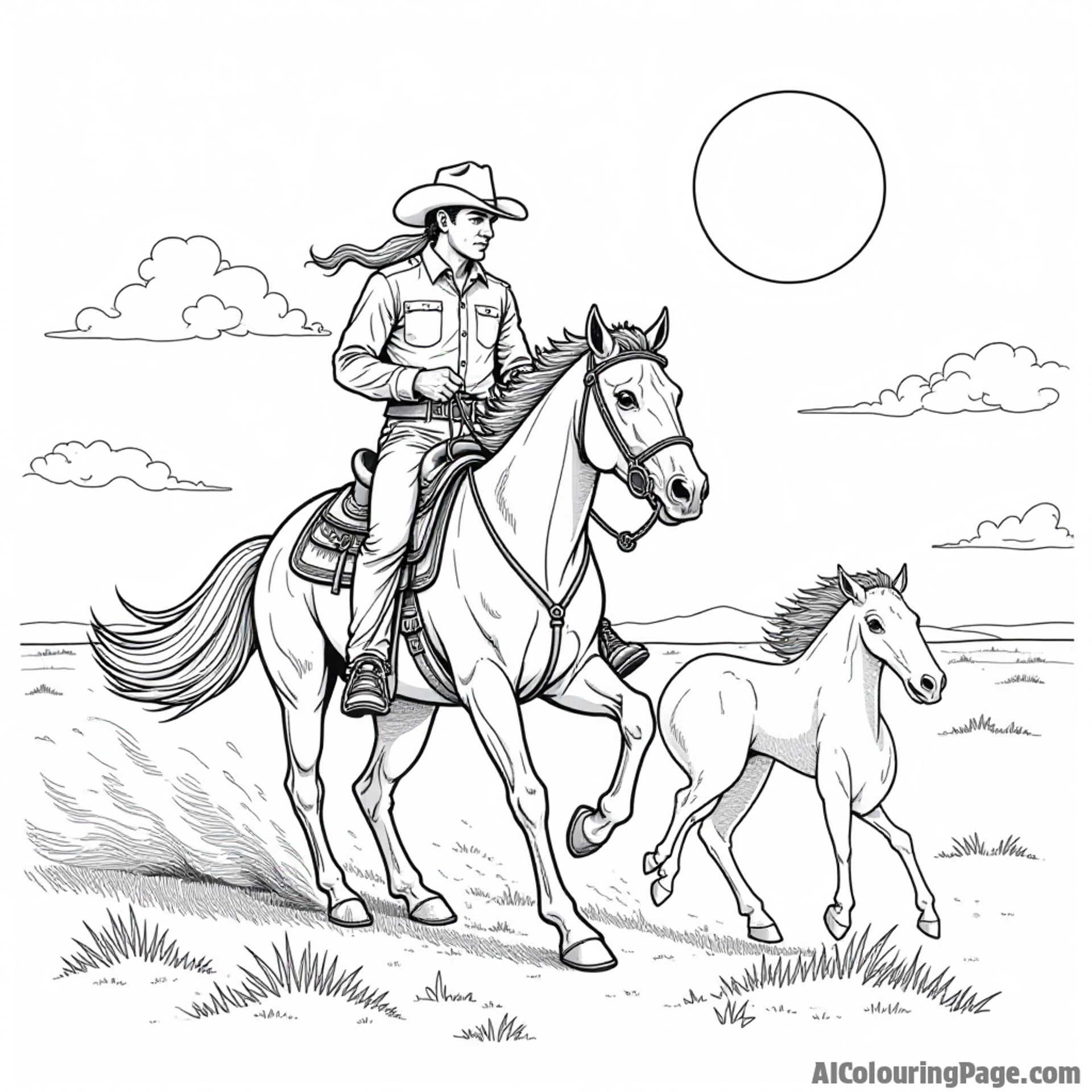 An adventurous cowboy on horseback lassoing a wild mustang beneath a bright North Dakota sky, perfect for young artists.
