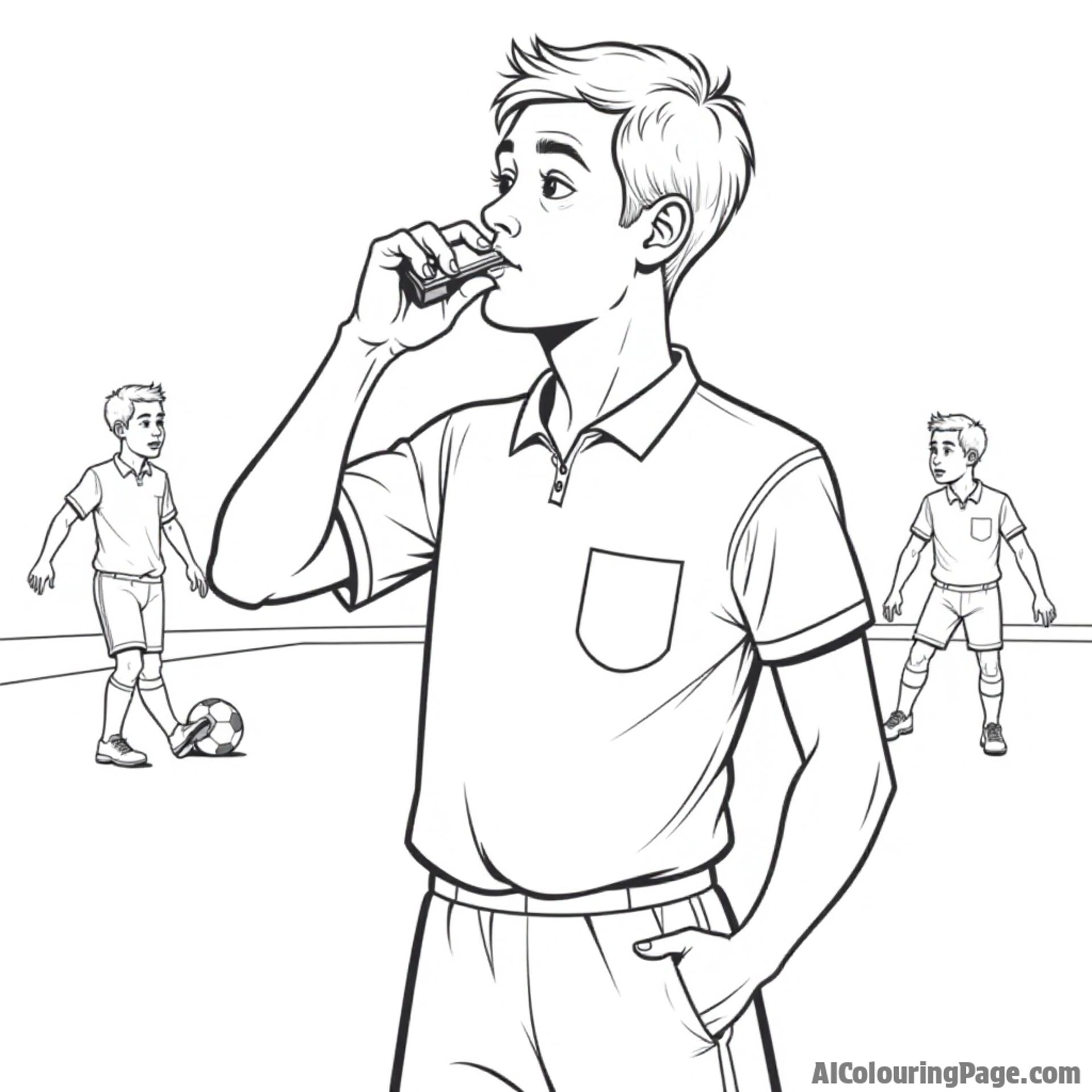A soccer referee blowing a whistle, with a card in hand and players in the background, all outlined for an exciting black and white coloring activity for kids.