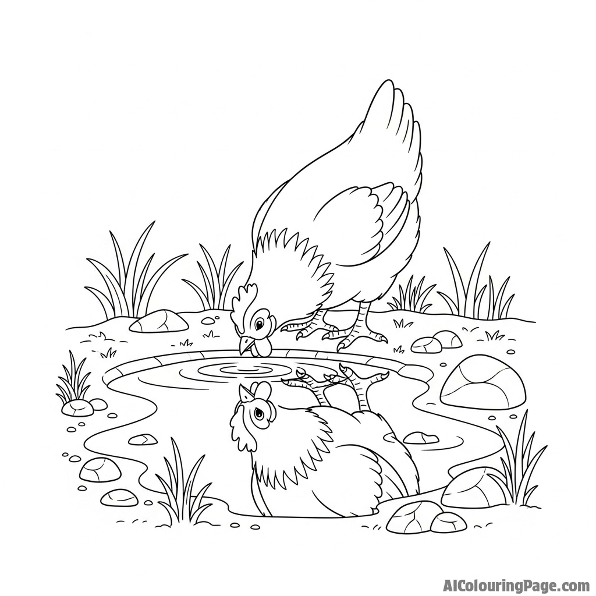 A chicken drinking water from a puddle, its reflection visible.