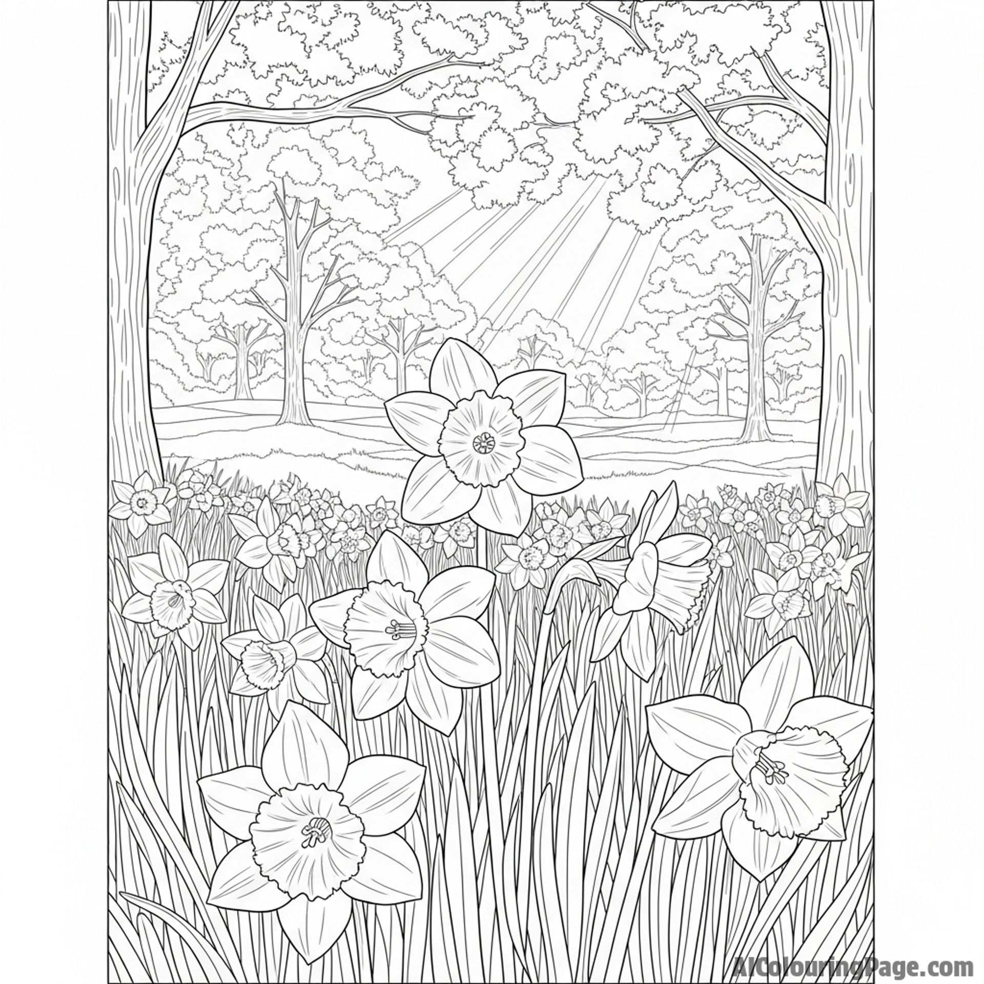 Daffodils blooming in a meadow, sunlight filtering through trees.