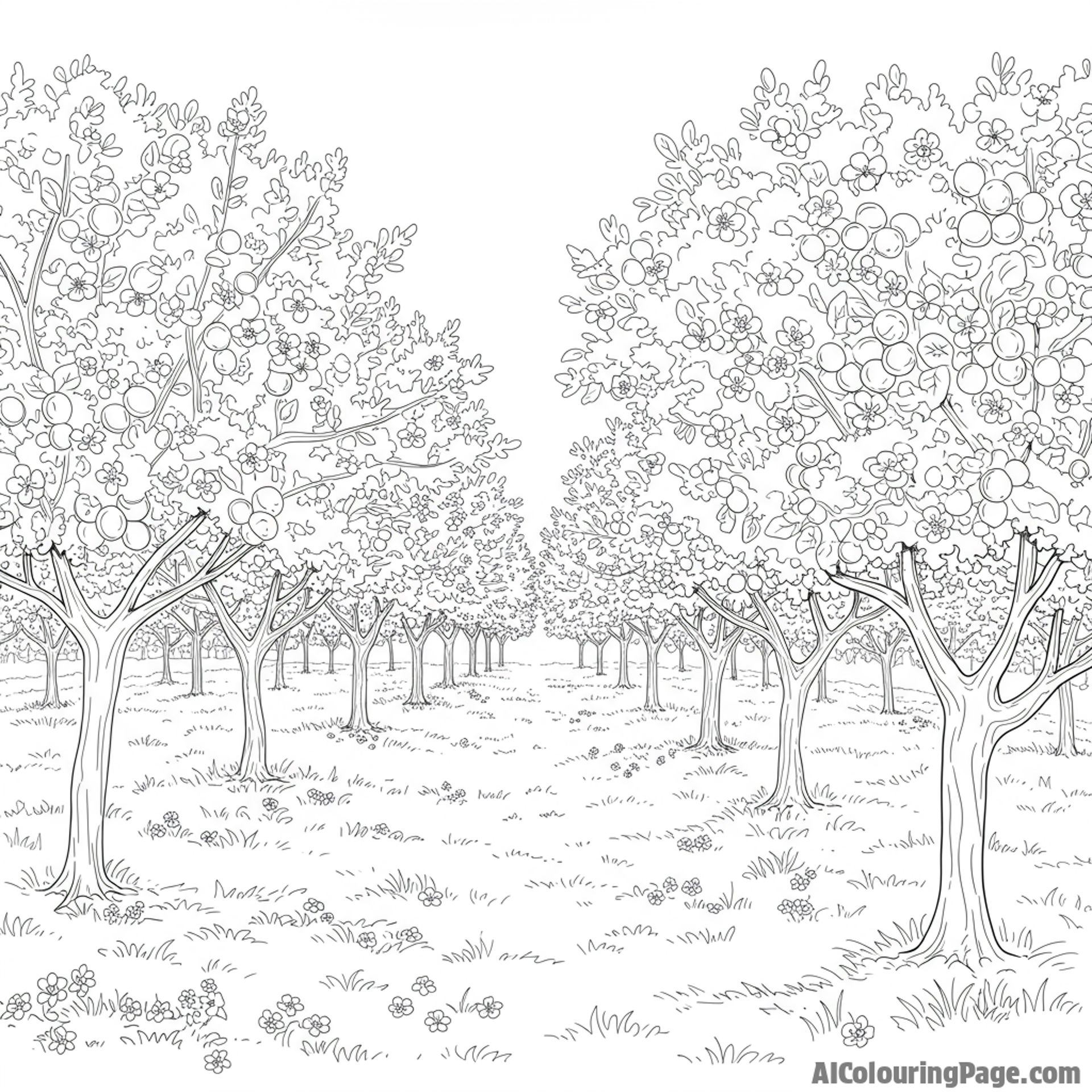 A blooming orchard with rows of fruit trees in full flower.