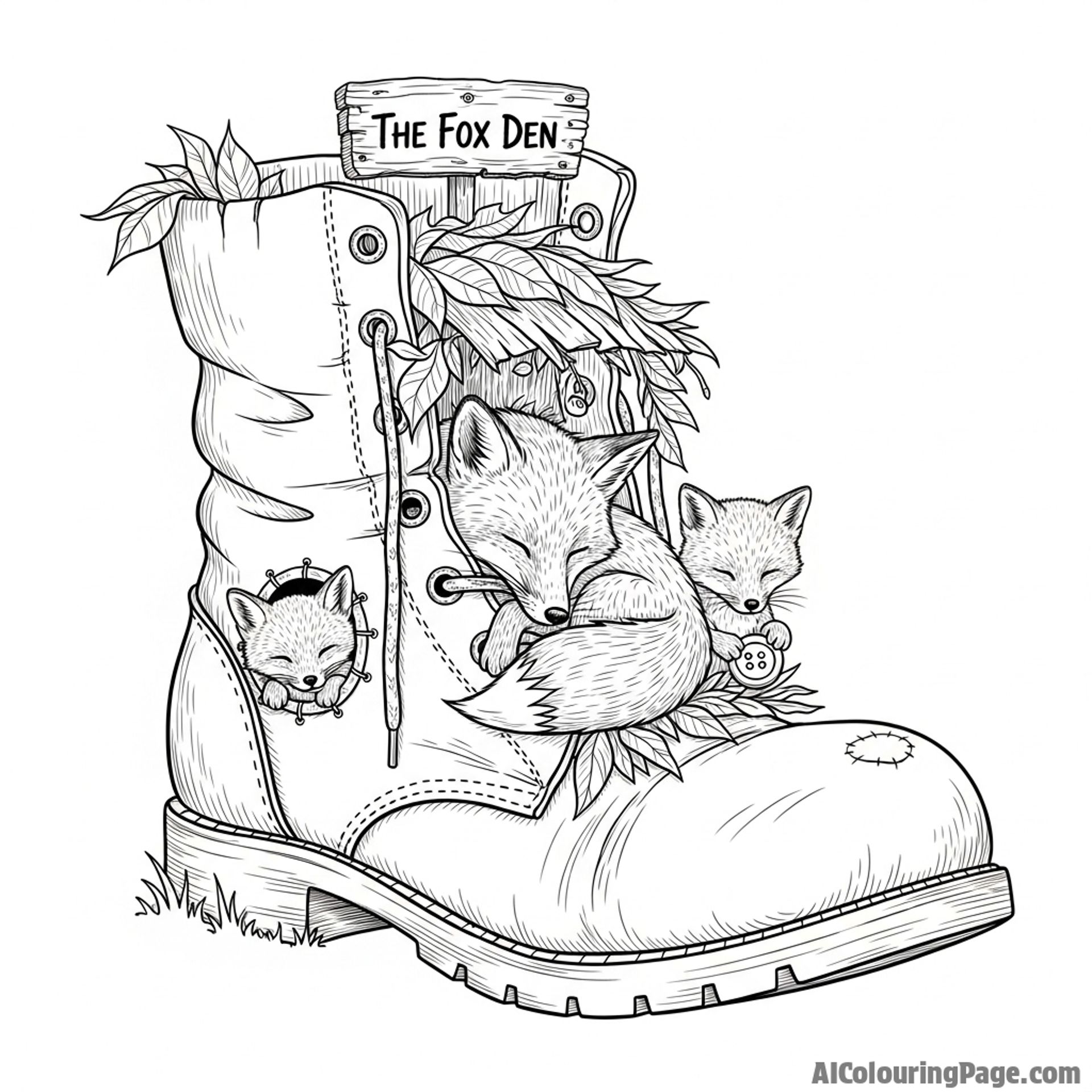A fox family living inside a whimsical, hollowed-out giant boot.