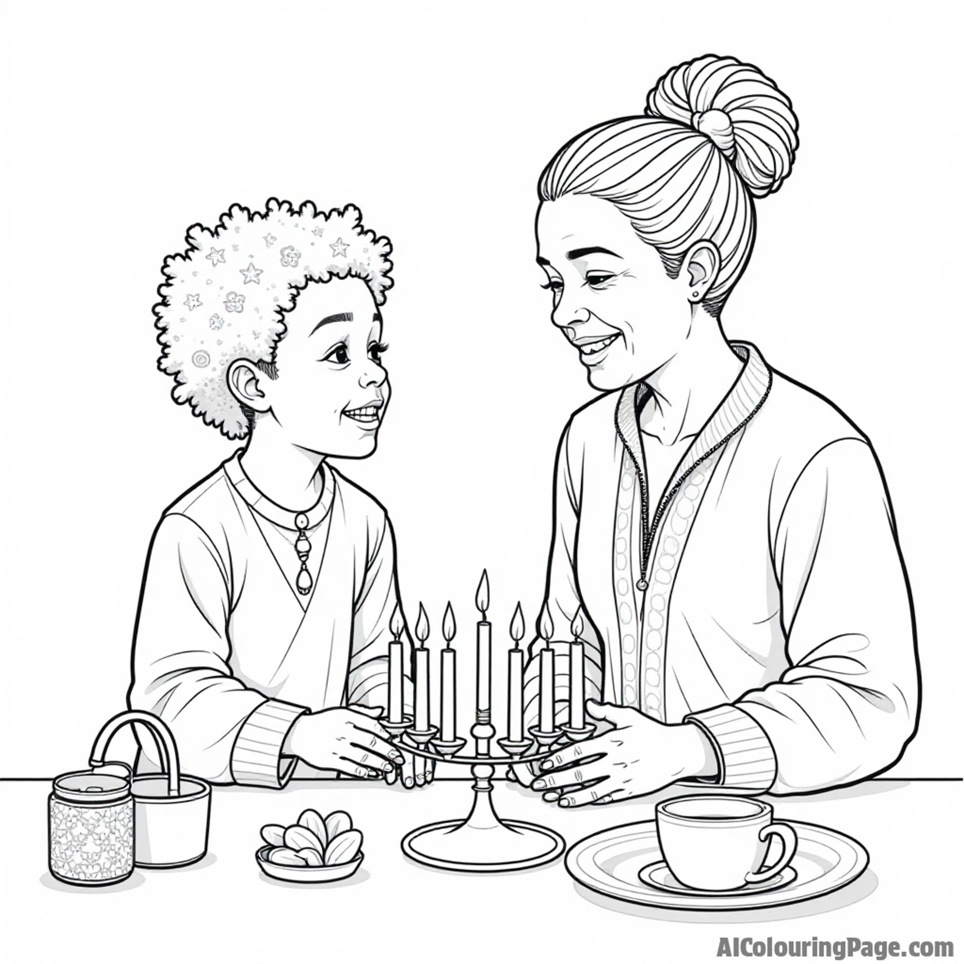 An engaging illustration of a child learning about Kwanzaa traditions from a grandparent, with visual elements like the kinara and decorative artifacts, perfect for a heartwarming coloring page.