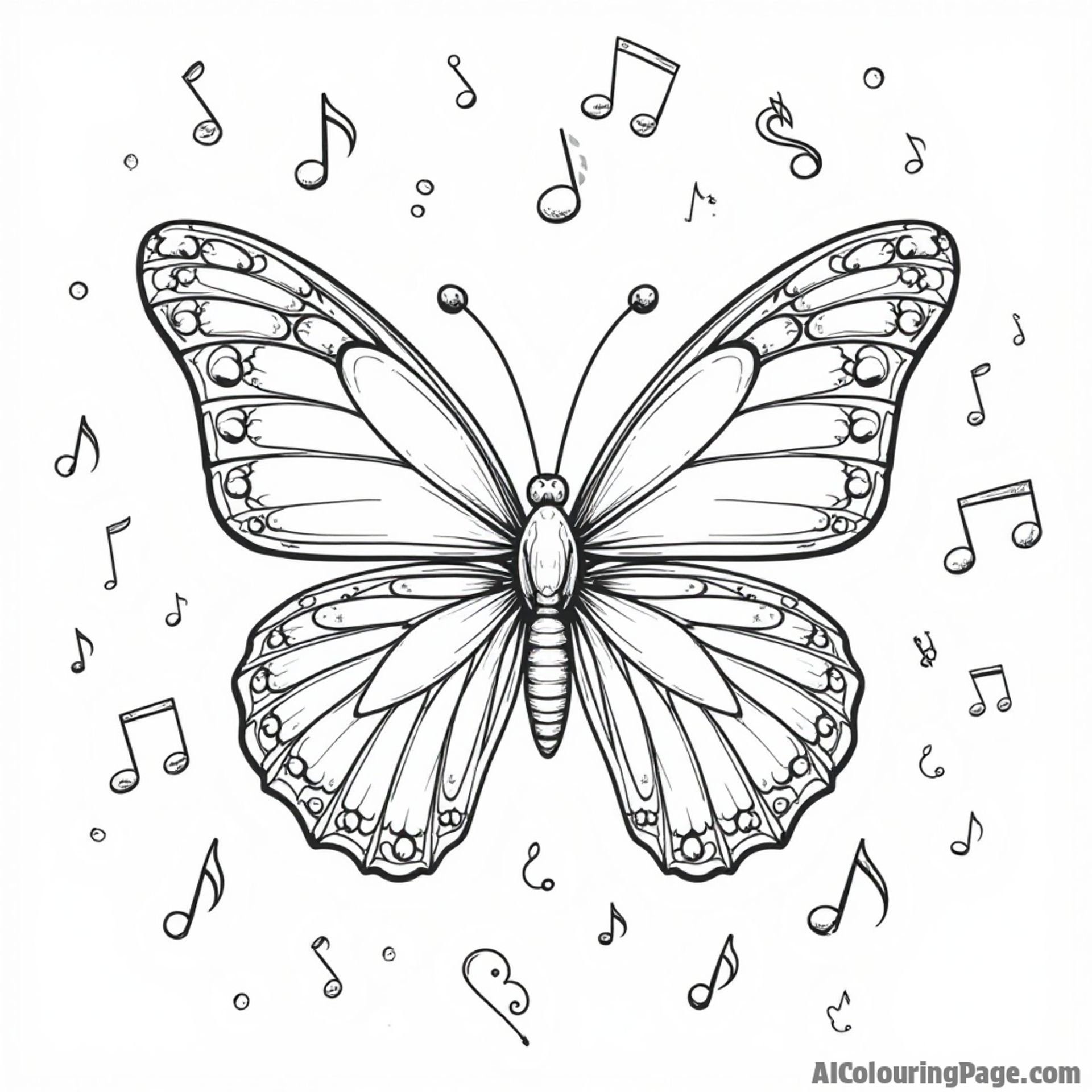 A butterfly surrounded by musical notes as it dances in the air, creating a joyful scene for coloring creativity.