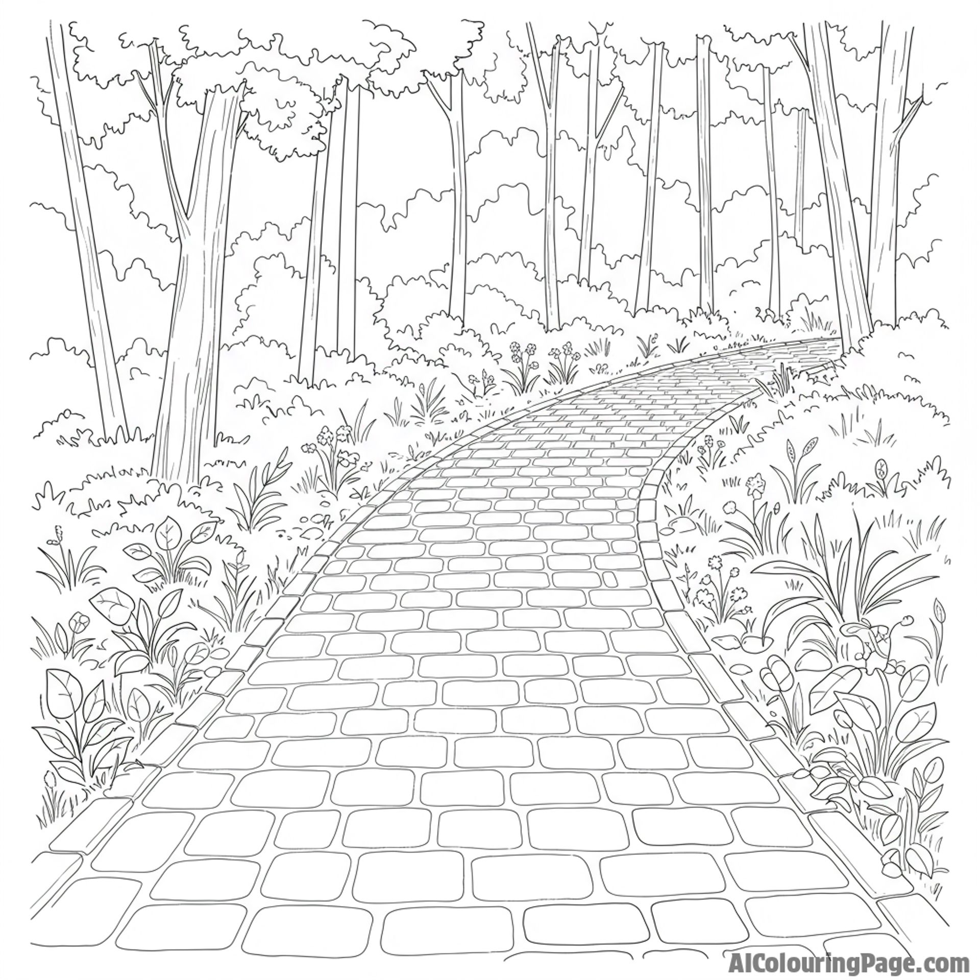 A cobblestone path winding through a park full of sprouting plants.