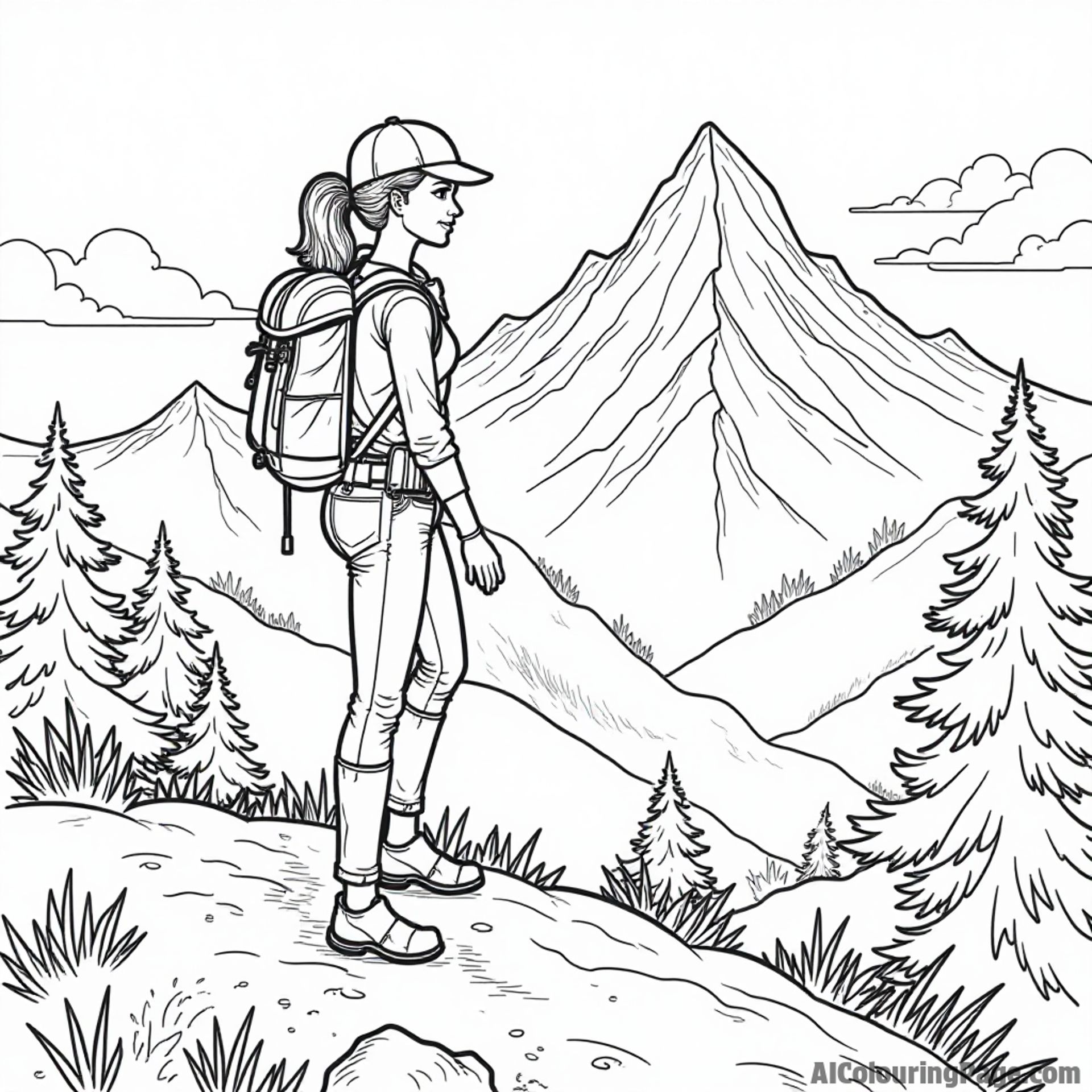 Barbie hiking up a mountain, wearing a backpack and enjoying the beautiful view of nature all around her.