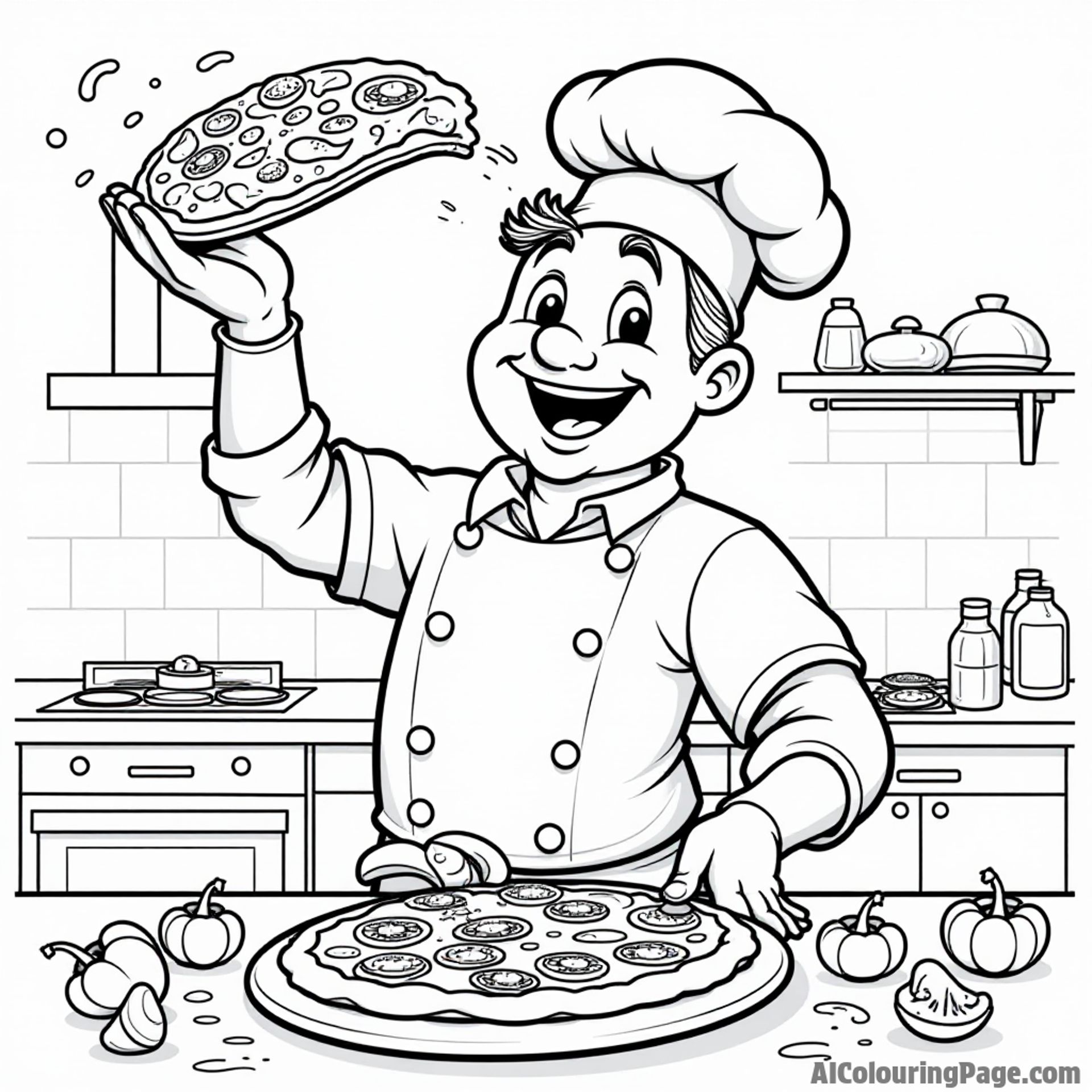 A cheerful pizza chef tossing dough high in the air, surrounded by colorful toppings like mushrooms and peppers, in a kitchen.