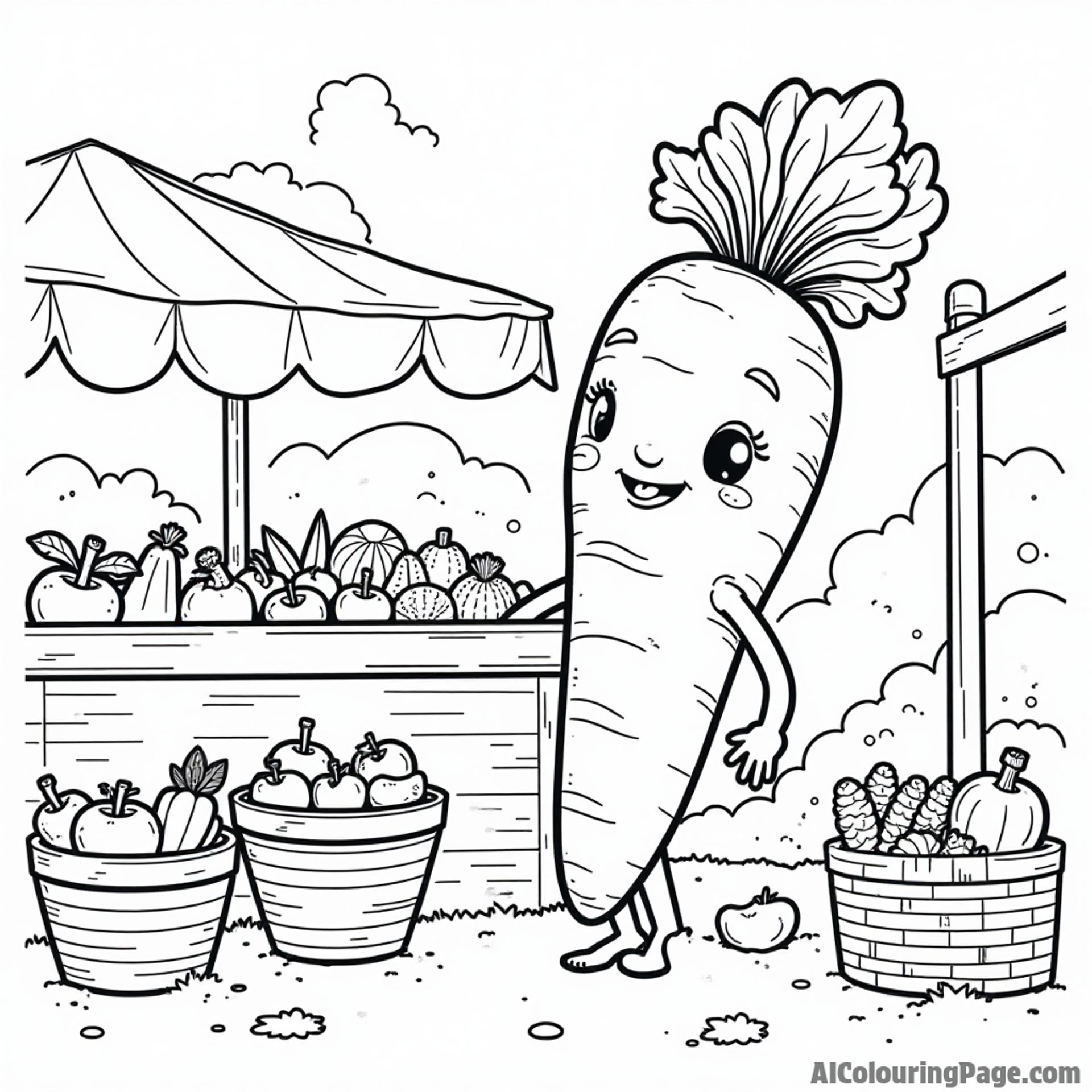 A curious carrot exploring a colorful vegetable market, with various fruits and veggies arranged in baskets around it.