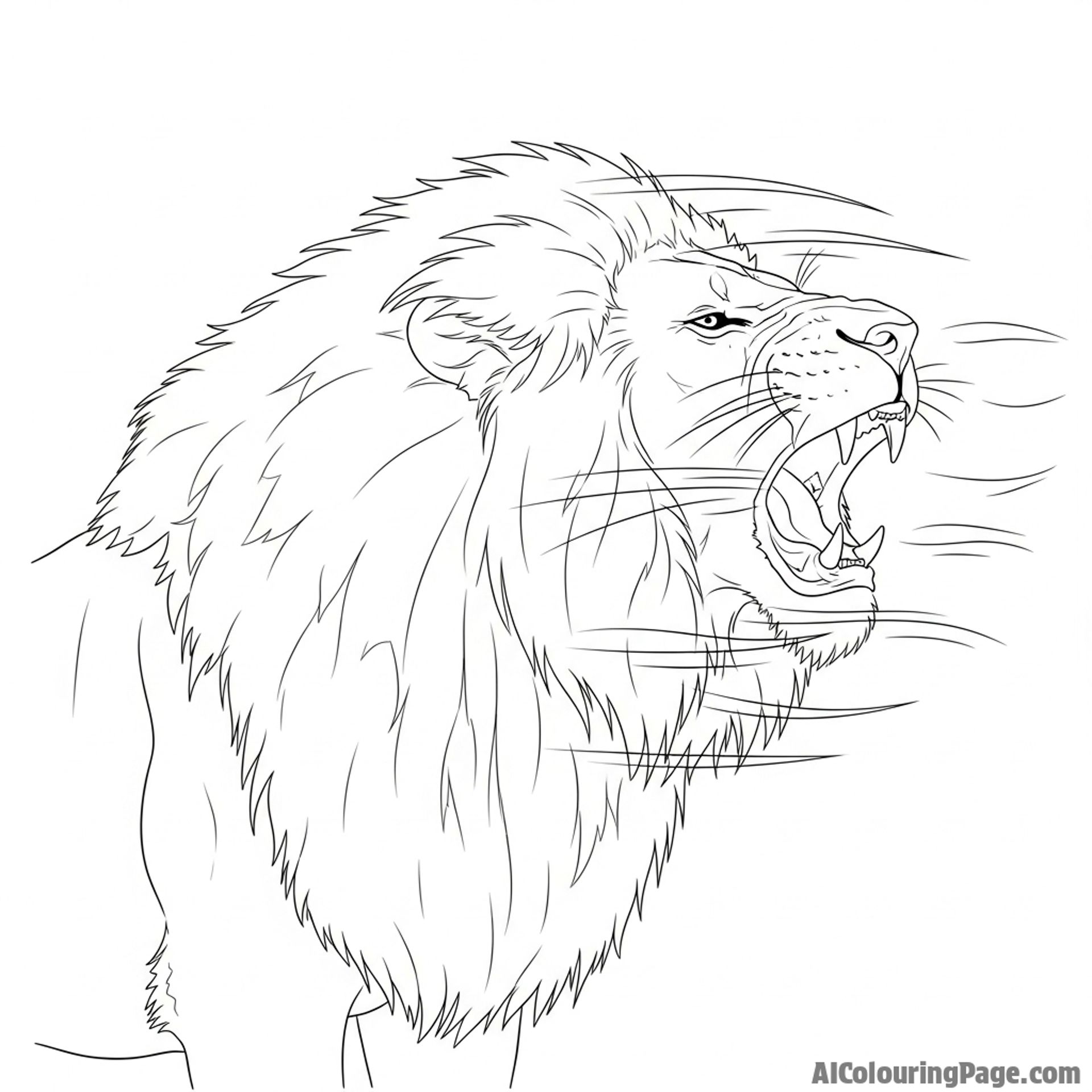 A majestic male lion with a full, thick mane, roaring into a strong wind.