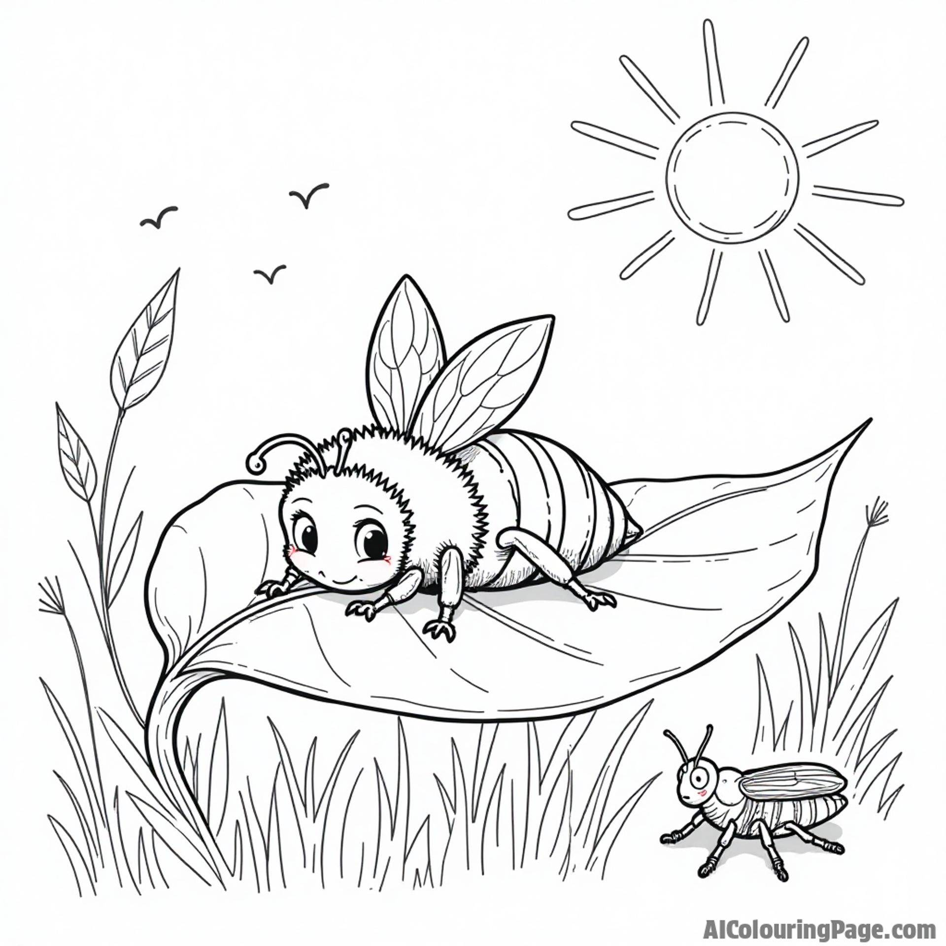A bee lying on a giant leaf, reading a book while a grasshopper plays nearby, under a sunlit sky.