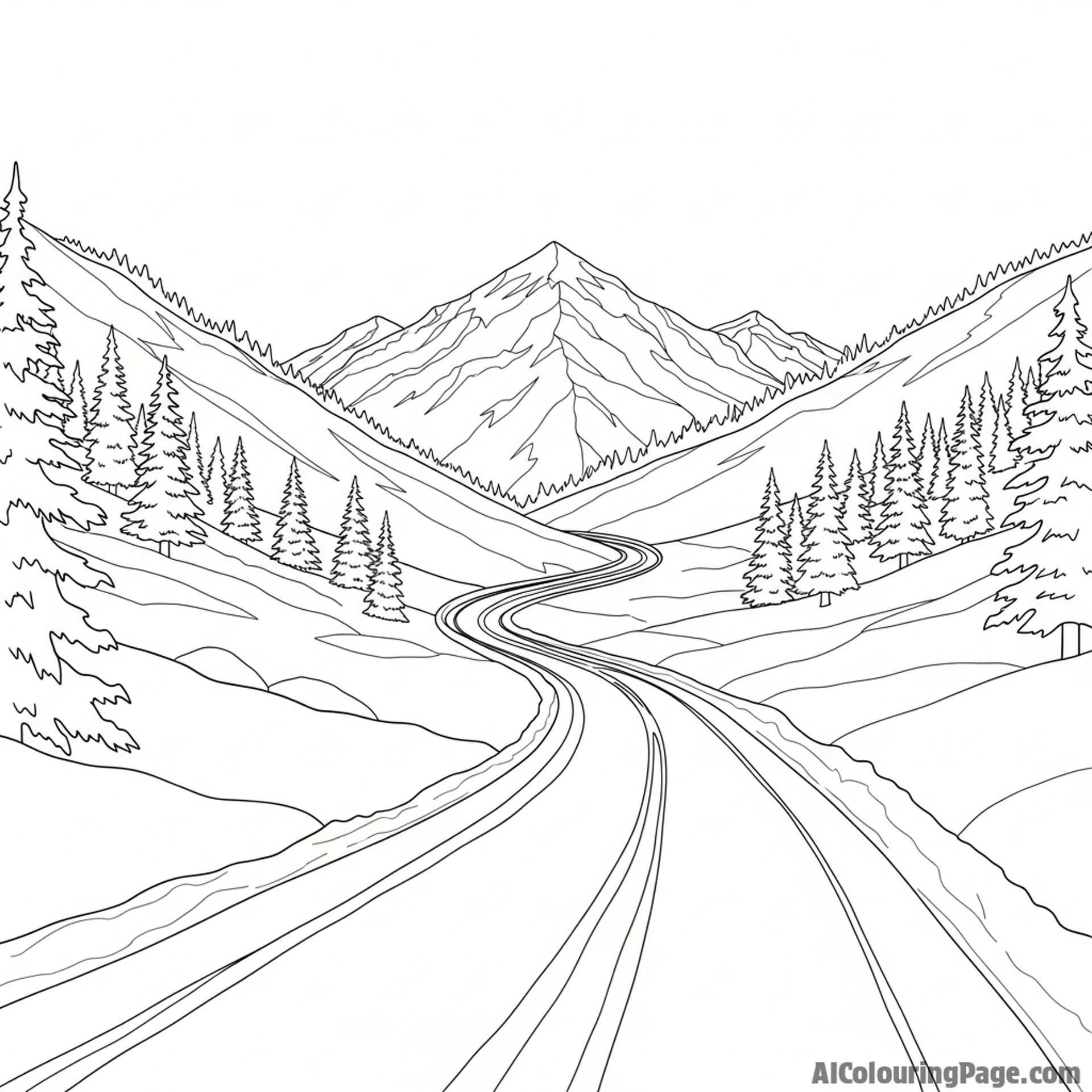 Snowy road leading into mountains