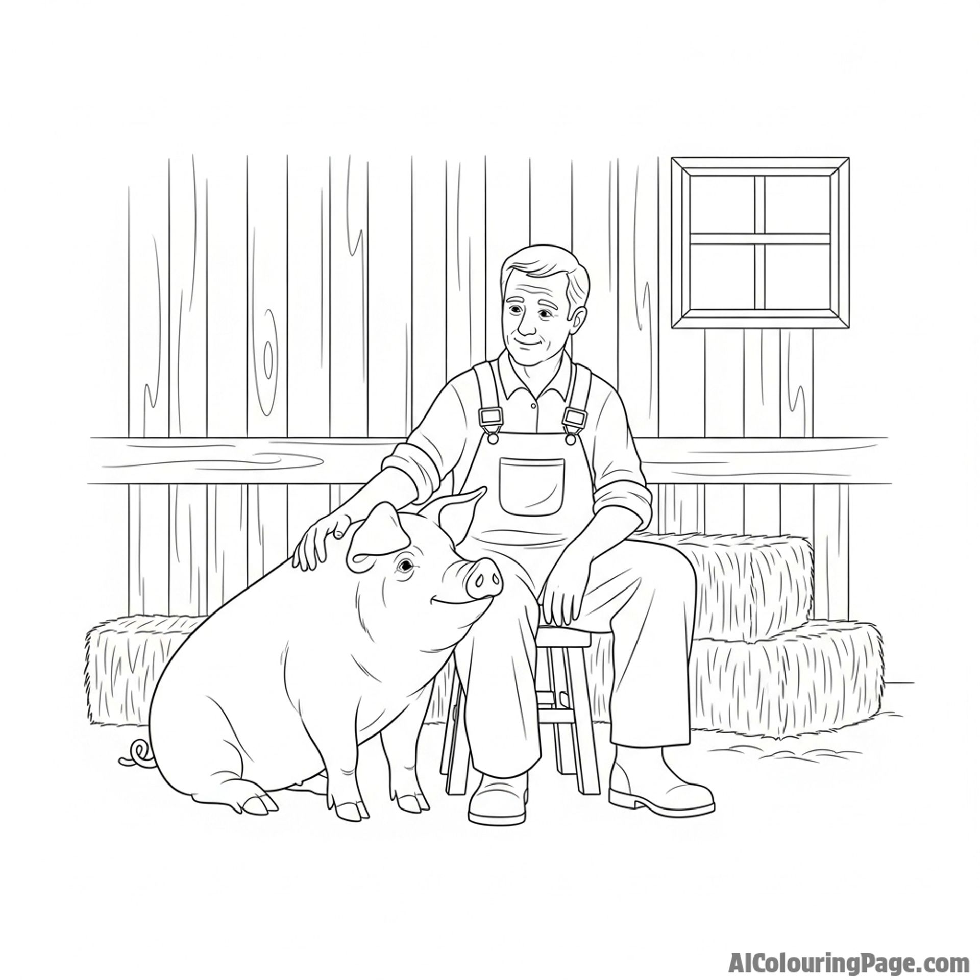 A pig farmer and a pig sharing a moment of quiet understanding in a rustic barn.
