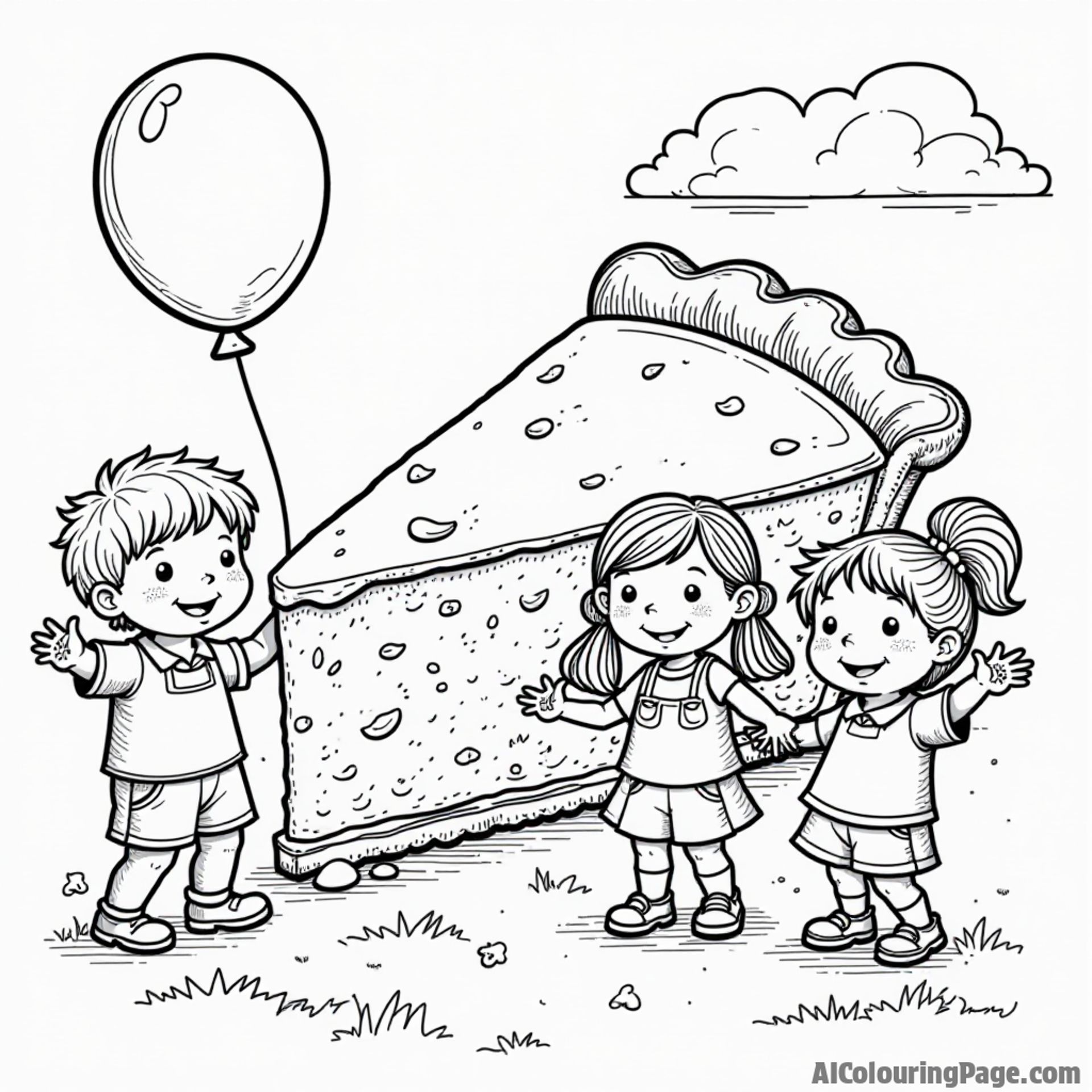 A fun depiction of a Delaware festival with children, balloons, and a giant slice of peach pie to color.