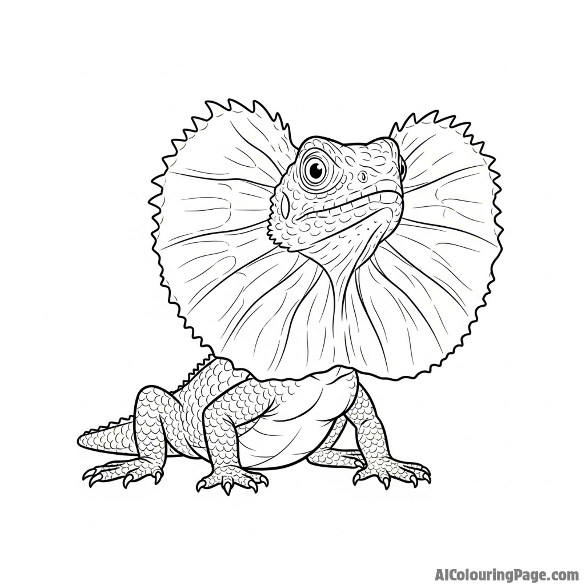 A frilled lizard with its neck frill fully extended in a defensive posture.