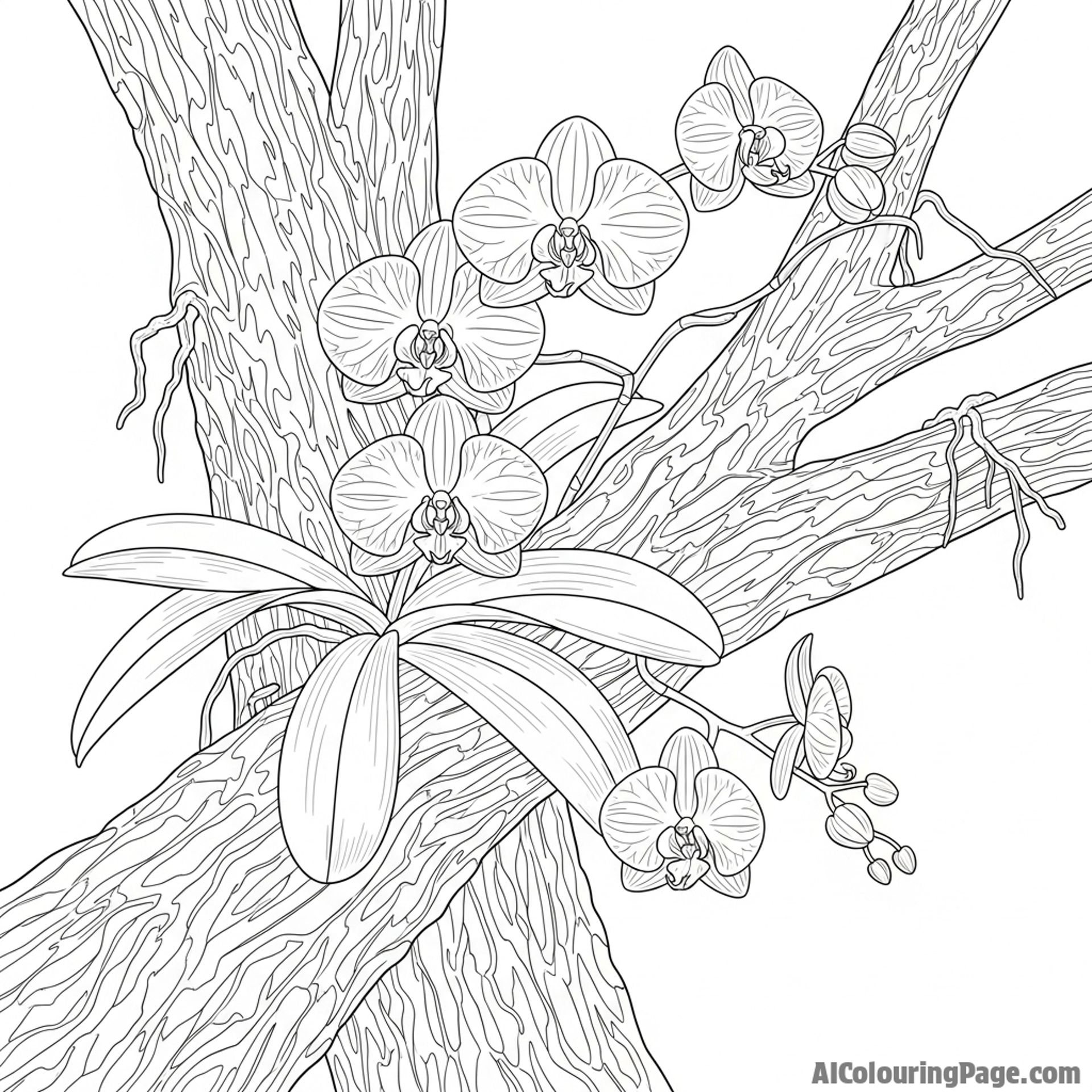 Orchids clinging to the branches of a tree, their delicate beauty captivating.