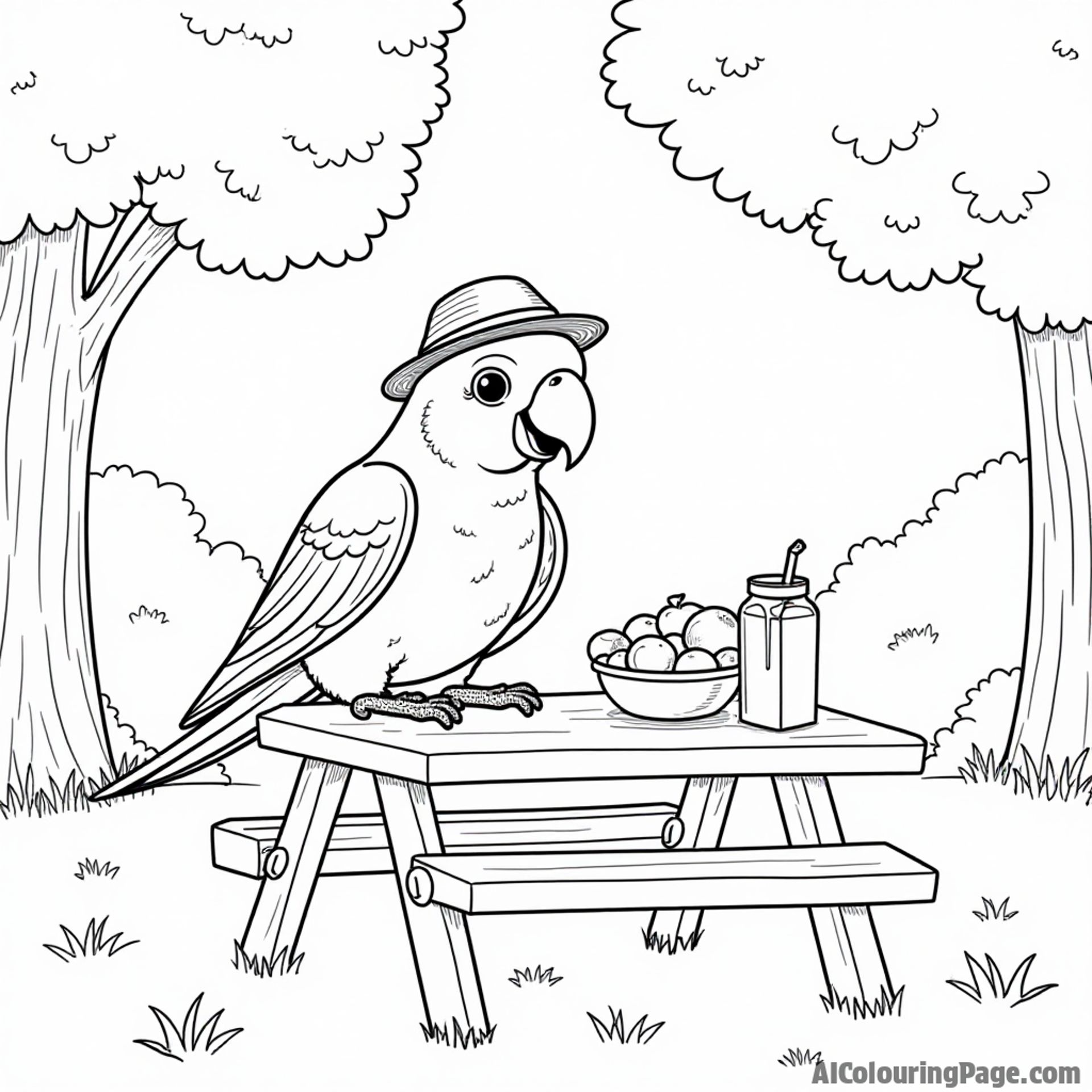 A parrot wearing a tiny hat, sitting at a picnic table with fruits and a juice box in a park setting