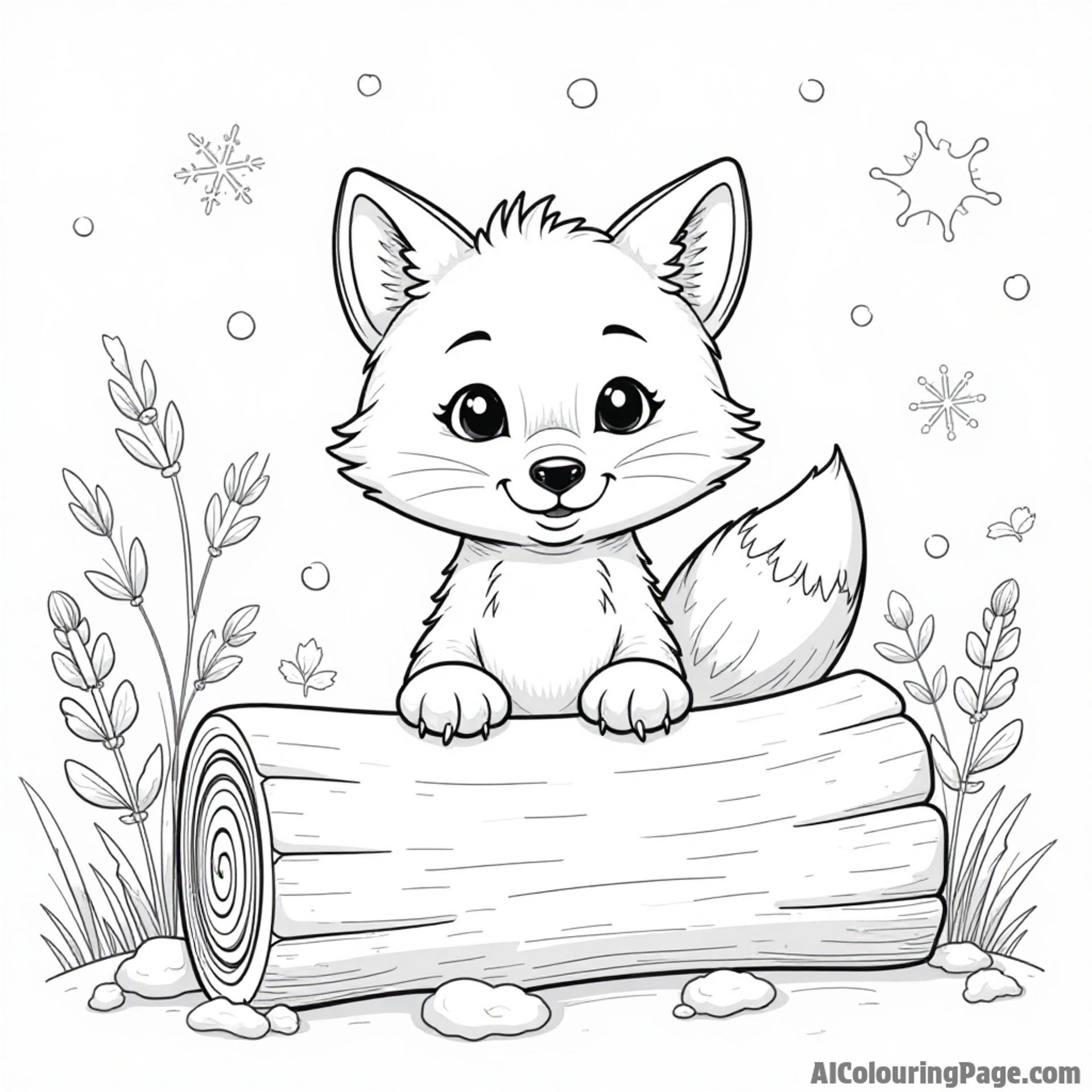 A playful fox peeking out from behind a snow-covered log with a backdrop of winter flowers and snowflakes.